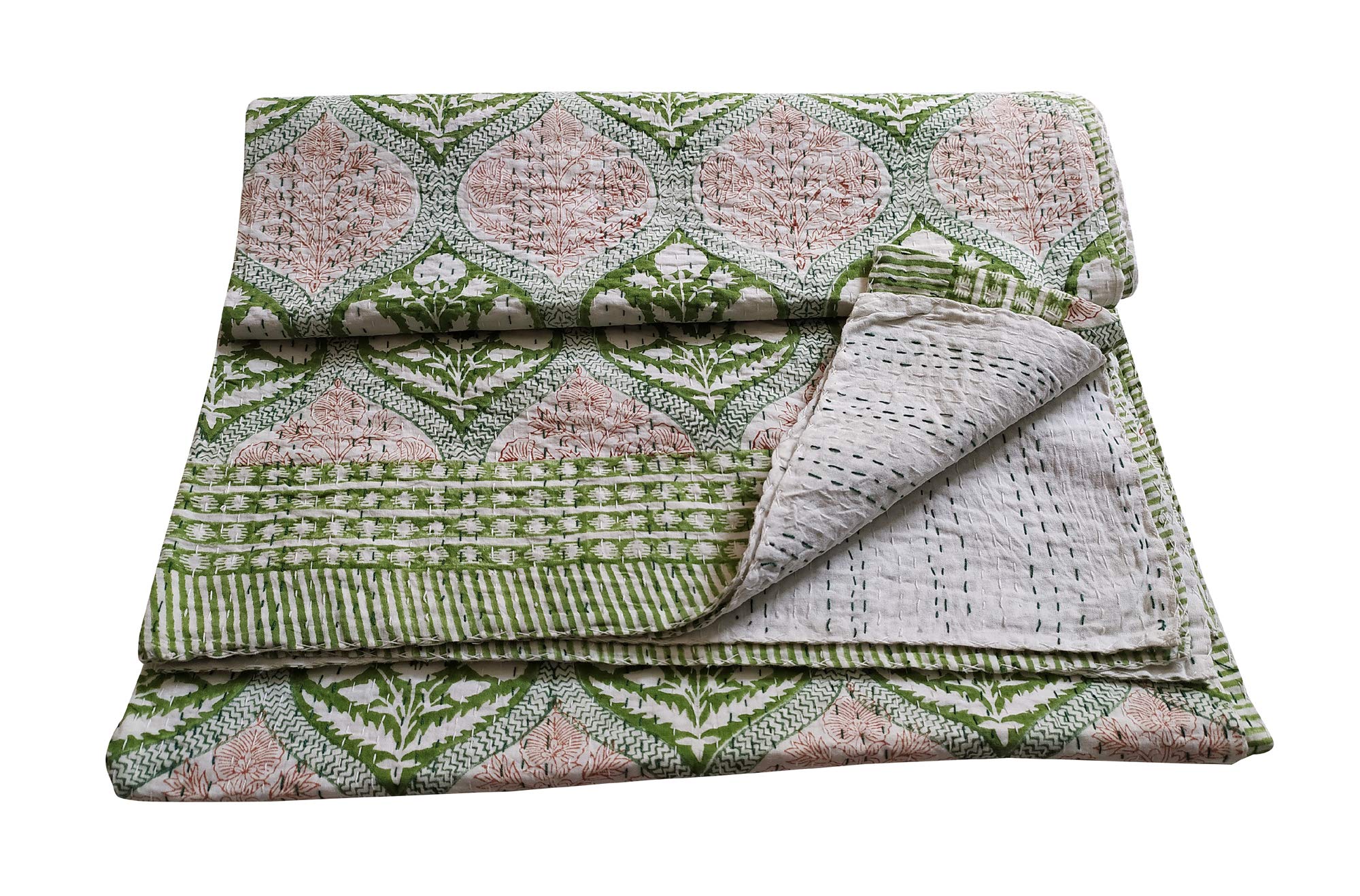 Soft Cotton Kantha Quilt Blanket - Green Floral Print 90x108 Inch - Cozy Bedspread for Home Decor, Guest Room & Boho Style Bedding