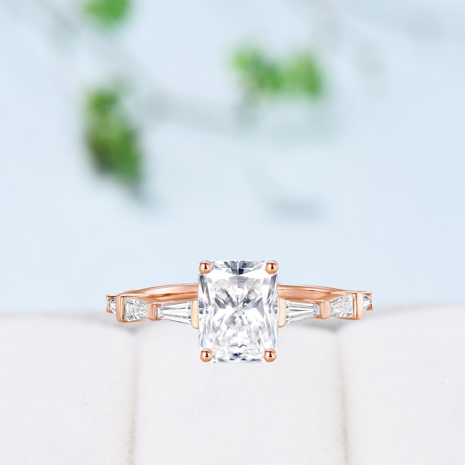 Exquisite Asscher Cut Brilliant Moissanite & Baguette Engagement Ring - 14K Rose Gold Vintage Wedding Band, Unique Anniversary Promise Ring for Women - Perfect for Proposals, Weddings & Special Occasions