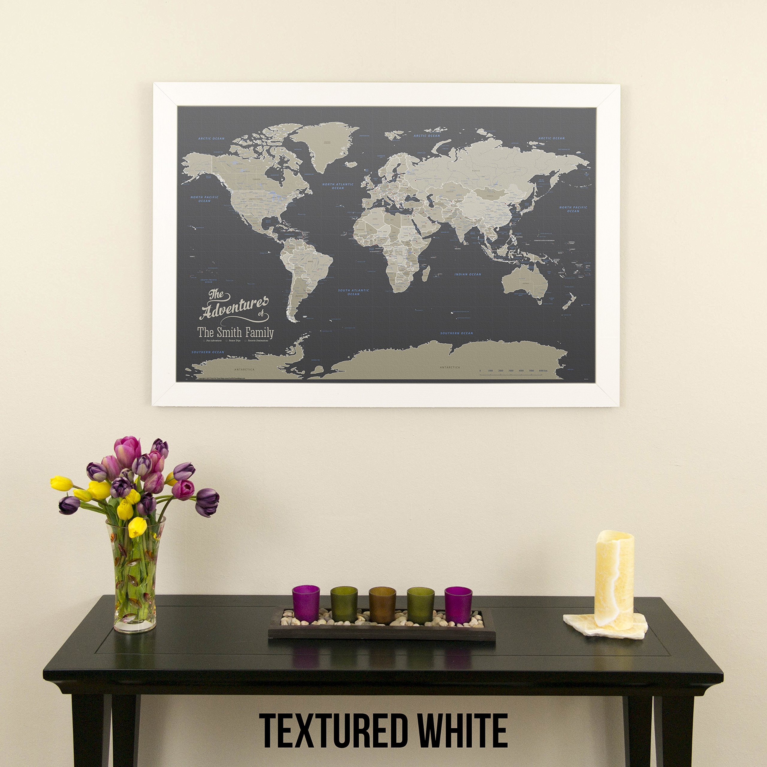 Personalized Earth-Toned Canvas World Push Pin Travel Map with Textured White Frame - Perfect for Travel Enthusiasts, Home Decor & Office Wall Art
