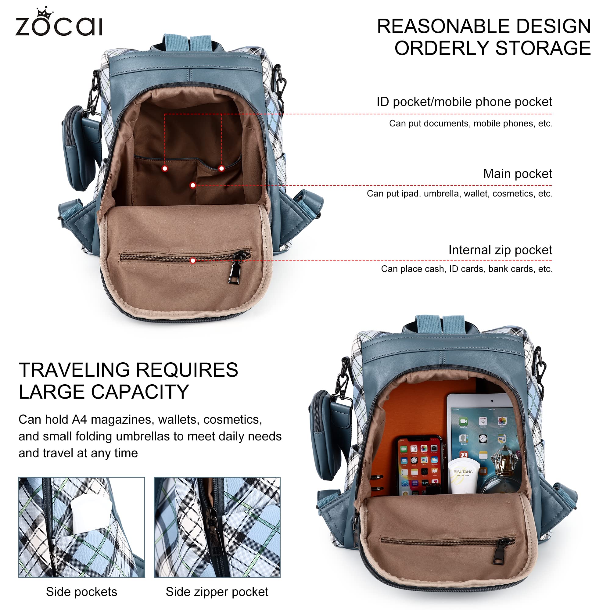 ZOCAI Women's Fashion Backpack Purse - PU Leather Anti-Theft Shoulder Bag & Satchel Daypack for Work, Travel & Daily Use
