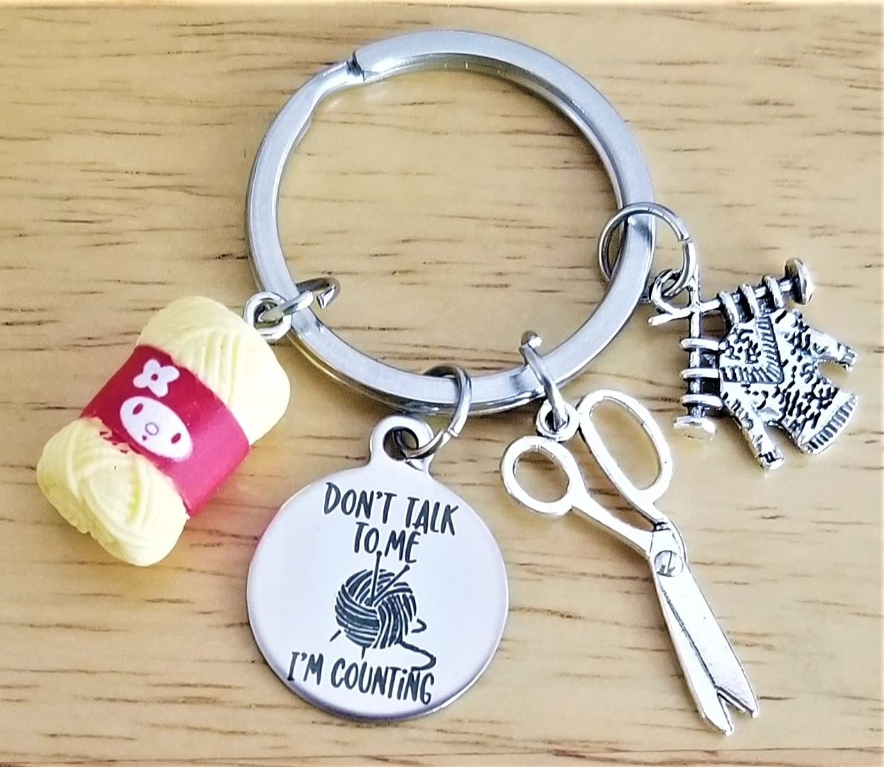 Kit's Kiss Knitting Keychain - Handmade Resin Charm Keyring for Crochet & Knitting Enthusiasts - Perfect Gift for Quilters, Crafters & Yarn Lovers (Silver, Yellow, Red, 1.2 inch Diameter) - Great for Scissors Accessories & DIY Projects