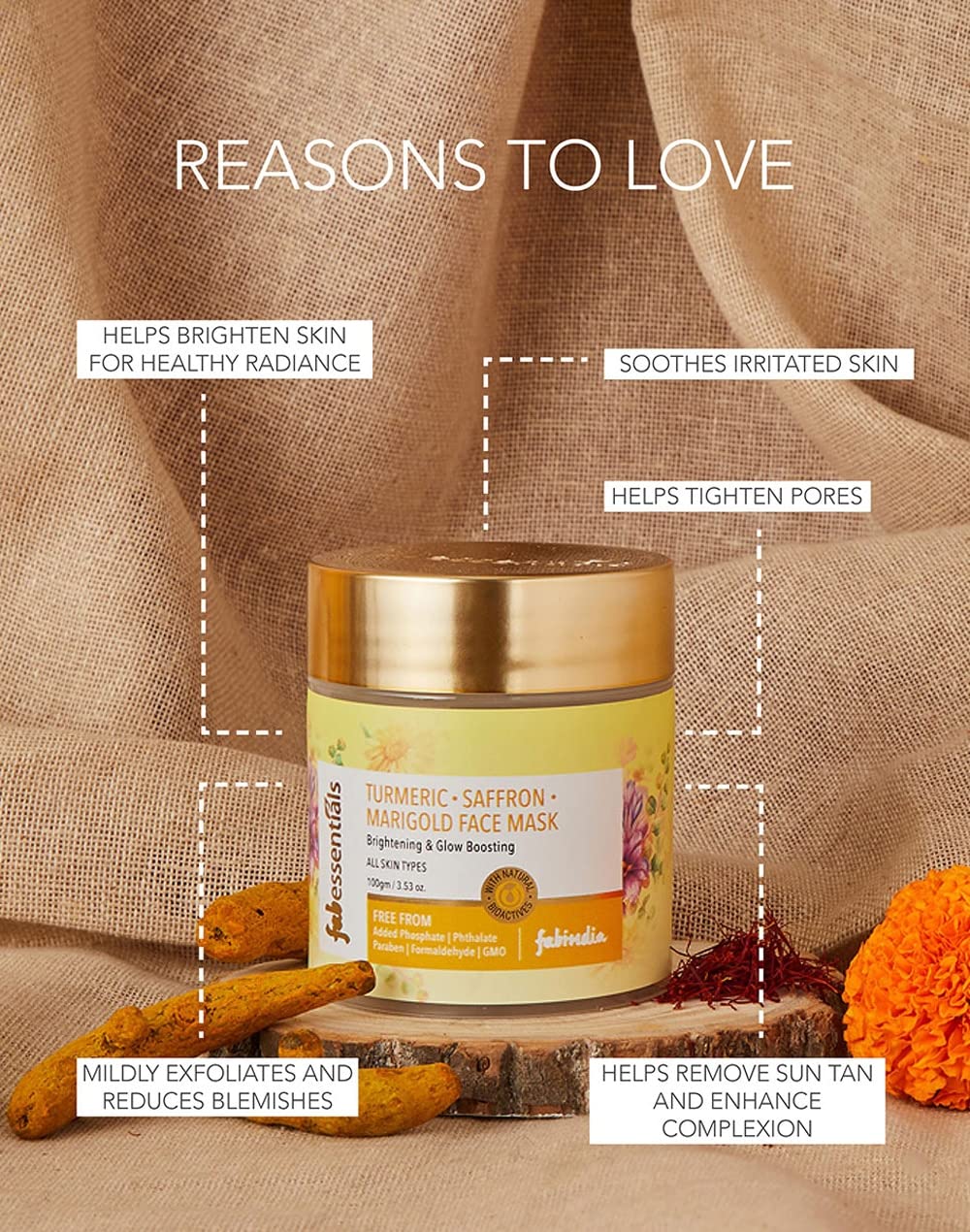 Fabessentials Turmeric Saffron Marigold Face Mask - 100g | Kaolin & Bentonite Clay Brightening Facial Treatment | Natural Tan Removal & Glow Boosting Mask | Paraben-Free Skincare | For Radiant, Even-Toned Skin | Perfect for Daily Use & Spa Nights