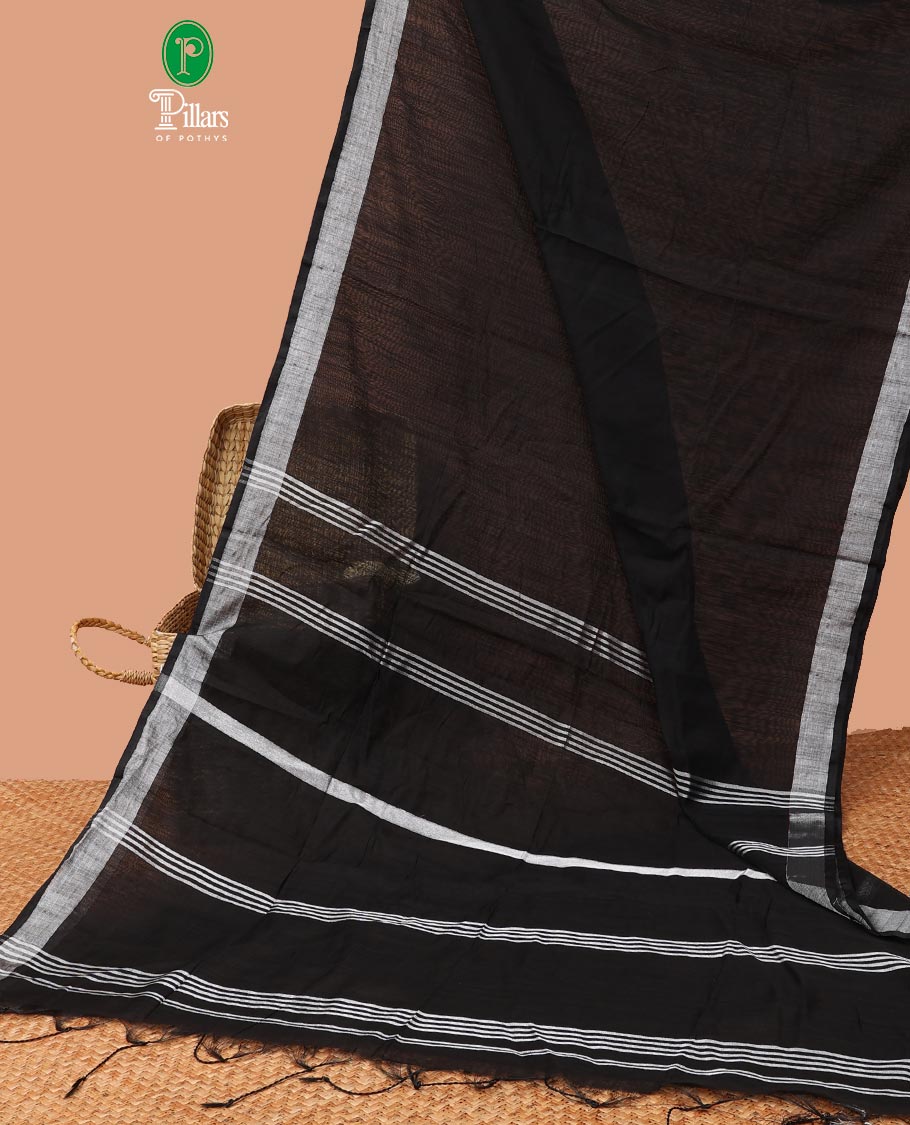 Elegant Black Linen Saree with Self Border & Striped Pallu - Perfect for Weddings, Parties, and Cultural Events