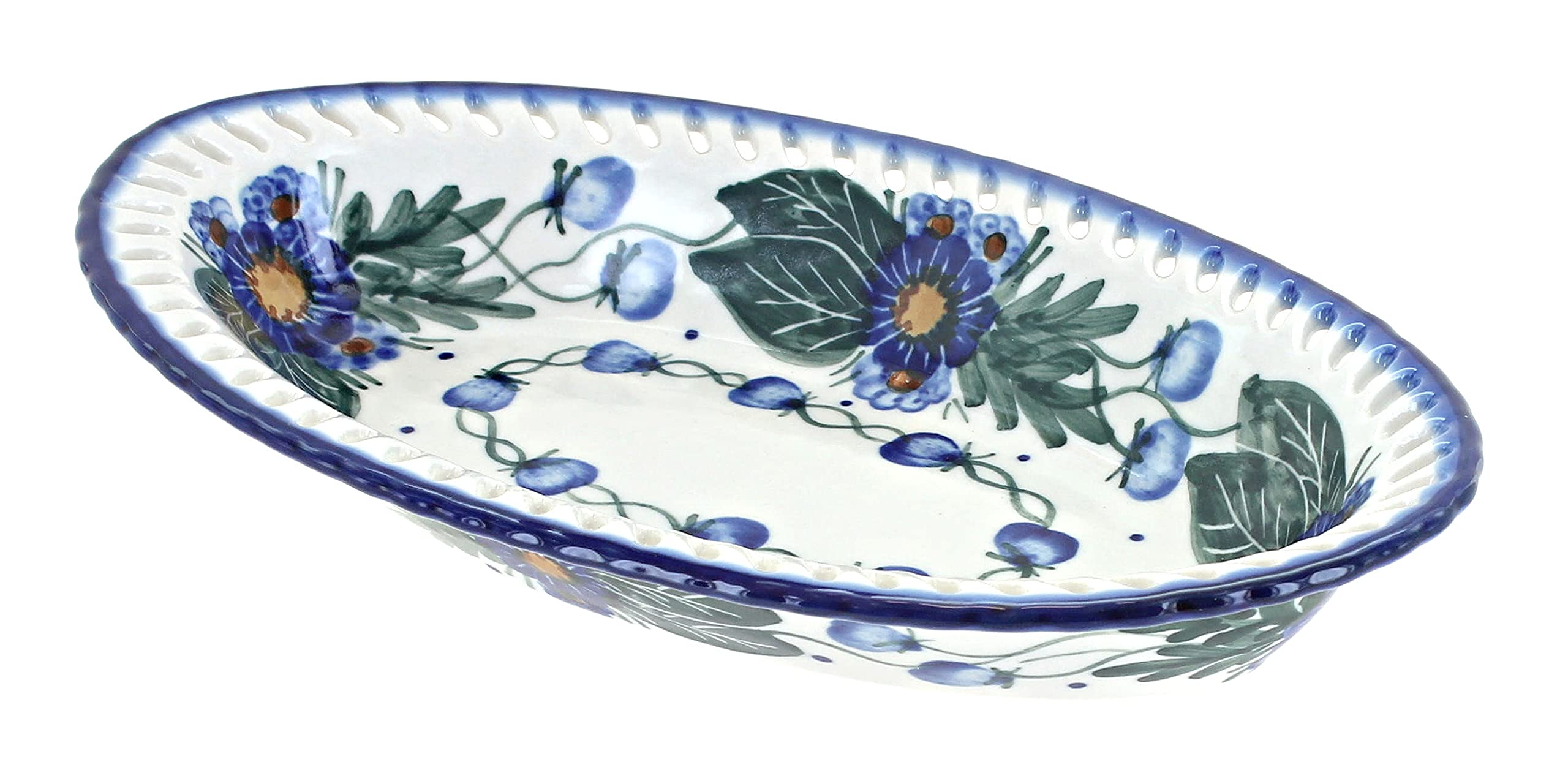 Handmade Blue Rose Polish Pottery Forget Me Not Small Oval Dish – Perfect for Serving Appetizers, Candies & Home Decor