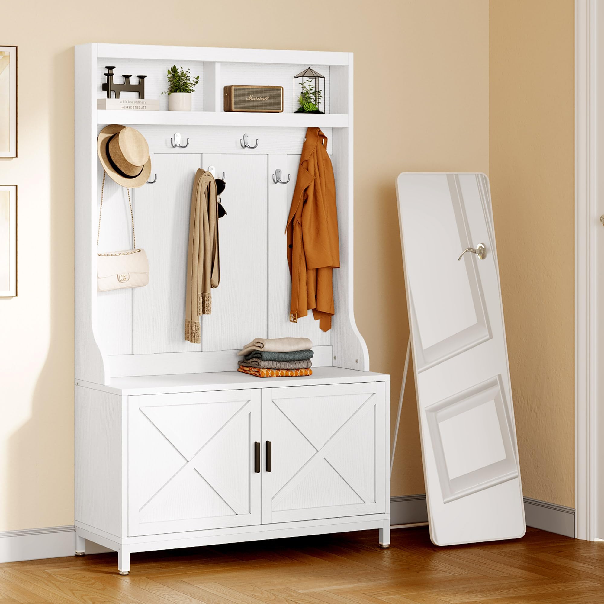 YITAHOME 4-in-1 Entryway Hall Tree with Shoe Storage Bench, Coat Rack & Hanging Hooks - Adjustable Shoe Organizer for Foyer, Mudroom & Home Entrance - Perfect for Storing Shoes, Coats & Accessories in White