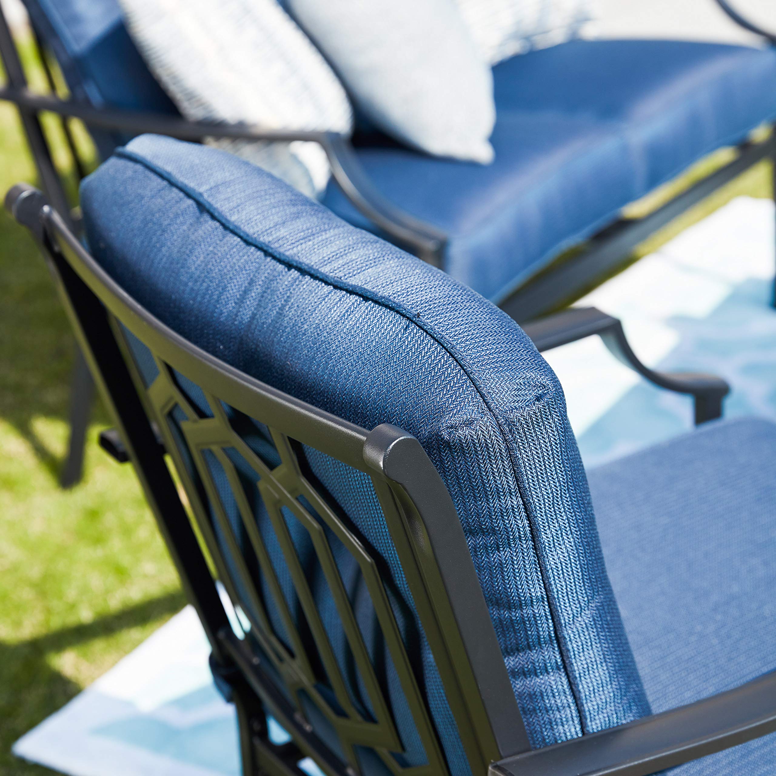4-Piece Outdoor Patio Furniture Set - All-Weather Cushioned Metal Chairs, Love Seat & Coffee Table - Blue Conversation Set for Poolside, Lawn, Garden & Backyard Relaxation