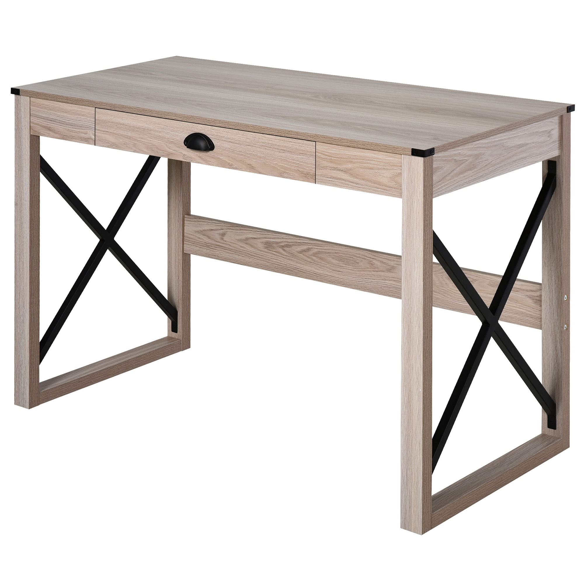 HOMCOM 44 Inch Rustic Farmhouse Computer Desk - Home Office Writing Desk with Storage Drawer, X-Frame Design for Small Spaces, Study & Workstation Use