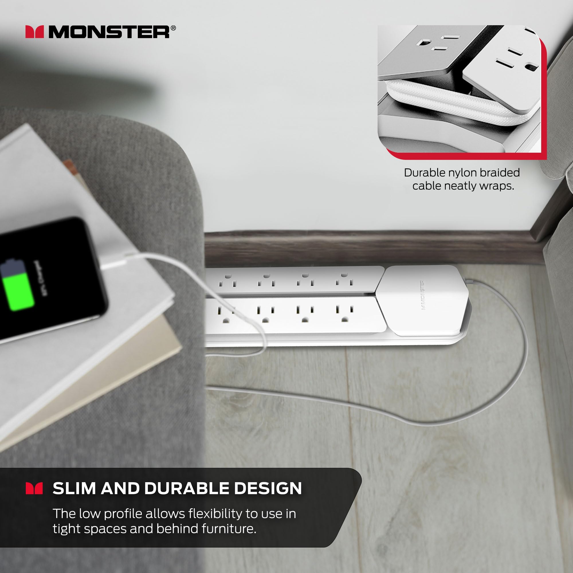 Monster Power Center Vertex XL Surge Protector - 10 AC Outlets, 2 USB-A & 1 USB-C Port (20W) Detachable USB Power Strip for Home, Office & Gaming Setup | Protects Electronics from Power Surges