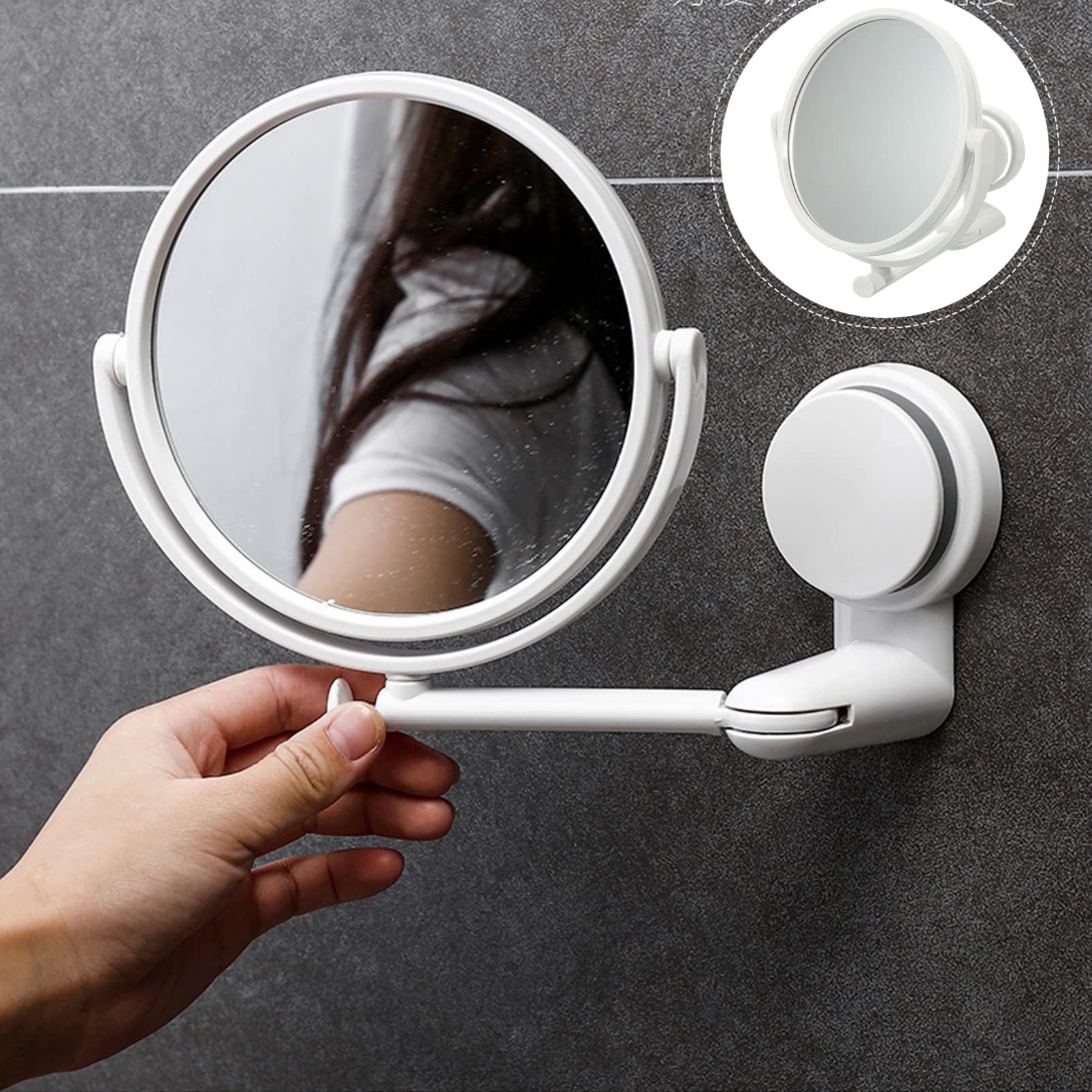 Beavorty Two-Sided LED Makeup Mirror with Suction Cup & Adjustable Arm - 360° Swivel Vanity Mirror for Wall Mount or Bathroom - Round Cosmetic Mirror for Professional Makeup Application, Eyebrow Shaping & Skincare Routine (Ideal for Home, Salon & Travel)