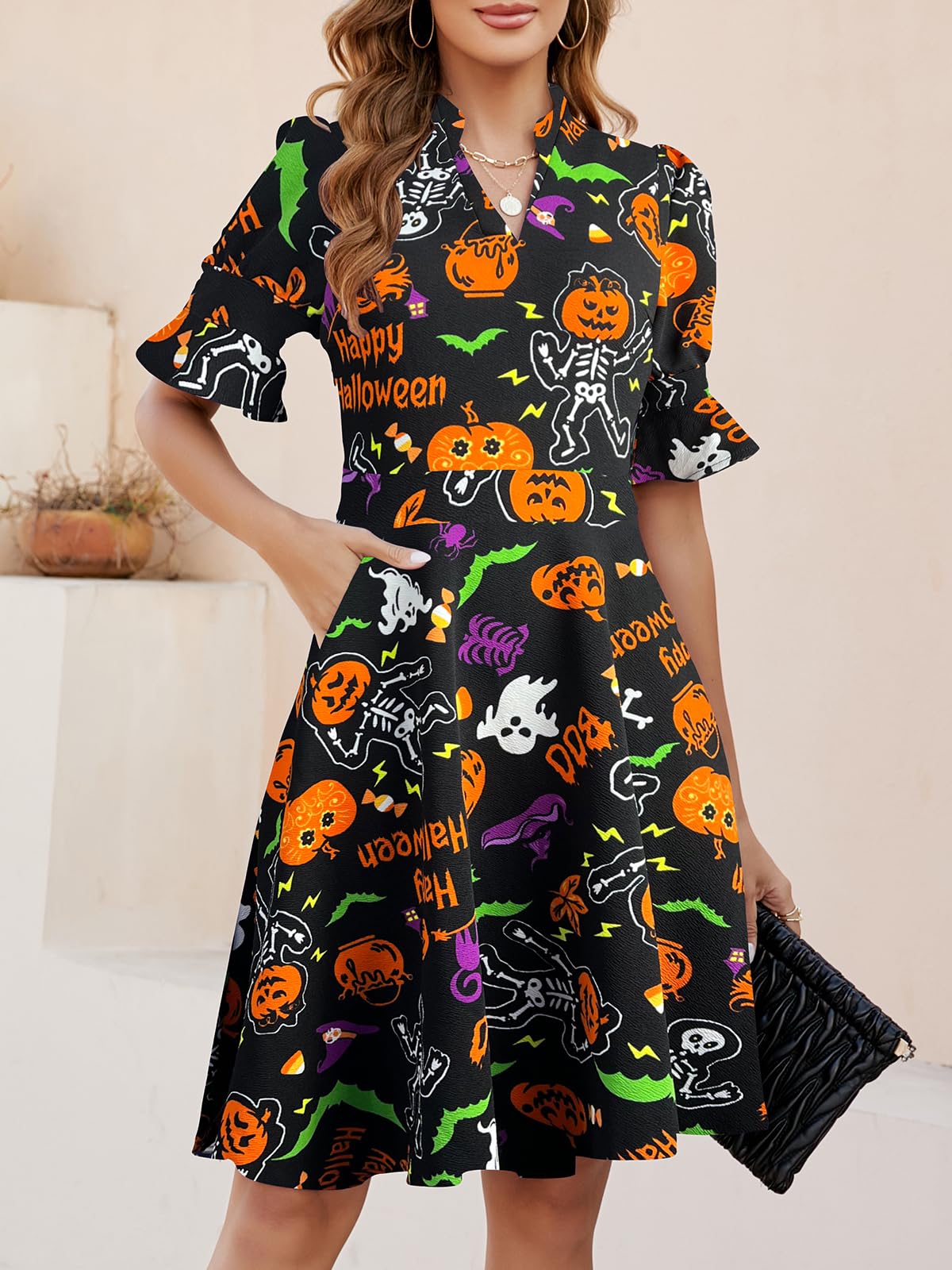 Mokayee Women's Summer V-Neck Ruffle Short Sleeve Fit and Flare Knee-Length Dress with Pockets - Perfect for Church, Wedding Guest, Party & Casual Wear