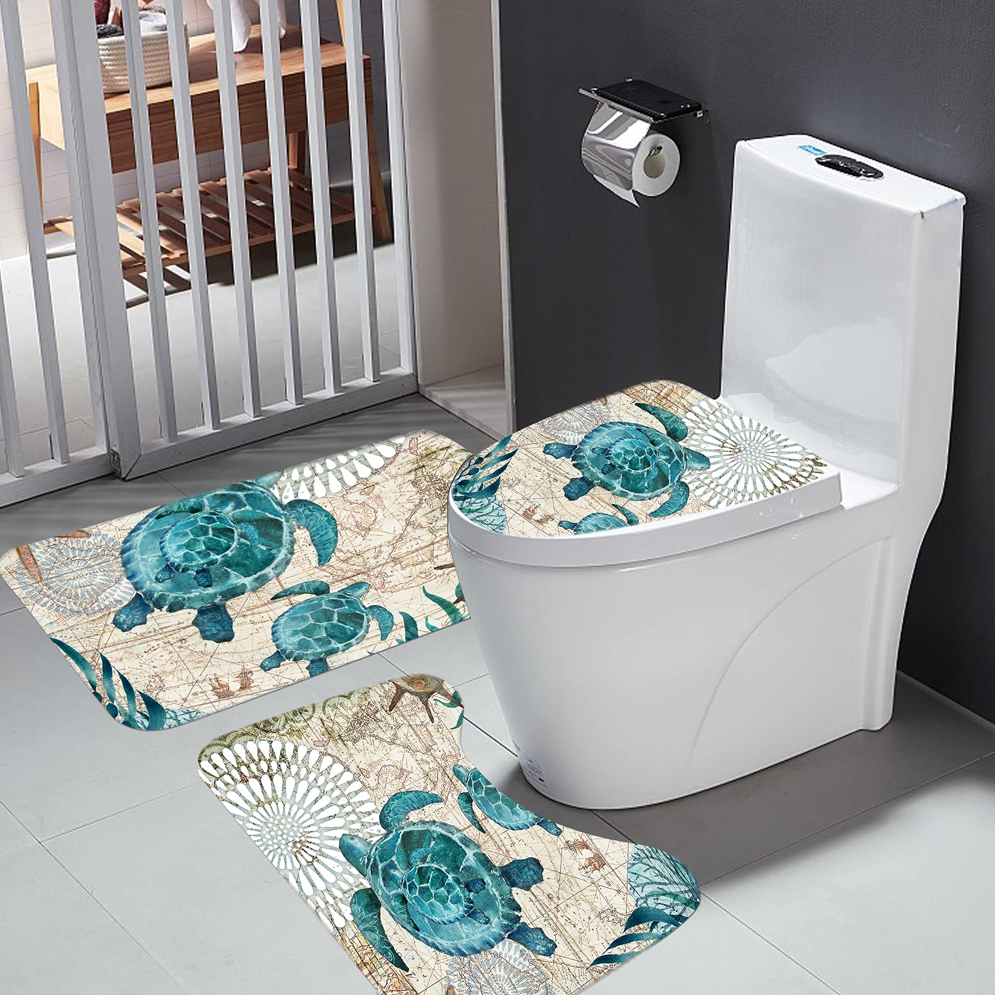 Nautical Blue Sea Turtle Bathroom Set - Waterproof Shower Curtain with 12 Hooks, Bath Mat & Accessories | Coastal Bathroom Decor for Beach House or Ocean Theme | Durable Fabric Bathroom Essentials