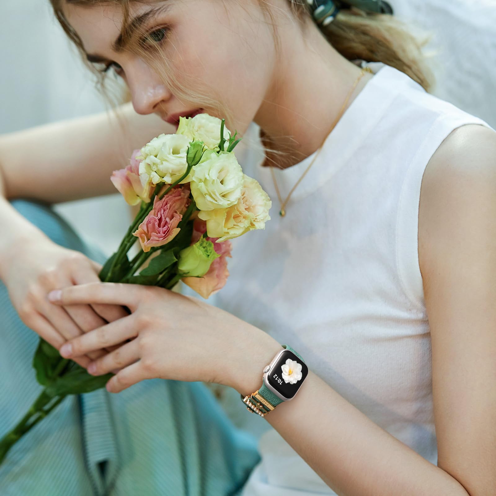 DaQin Floral Engraved Silicone Band Compatible with Apple Watch 38mm 40mm 41mm 42mm 44mm 45mm - Women's Fashion Strap with Charms for iWatch Series SE/1/2/3/4/5/6/7/8/9 - Perfect for Workouts, Office & Everyday Wear