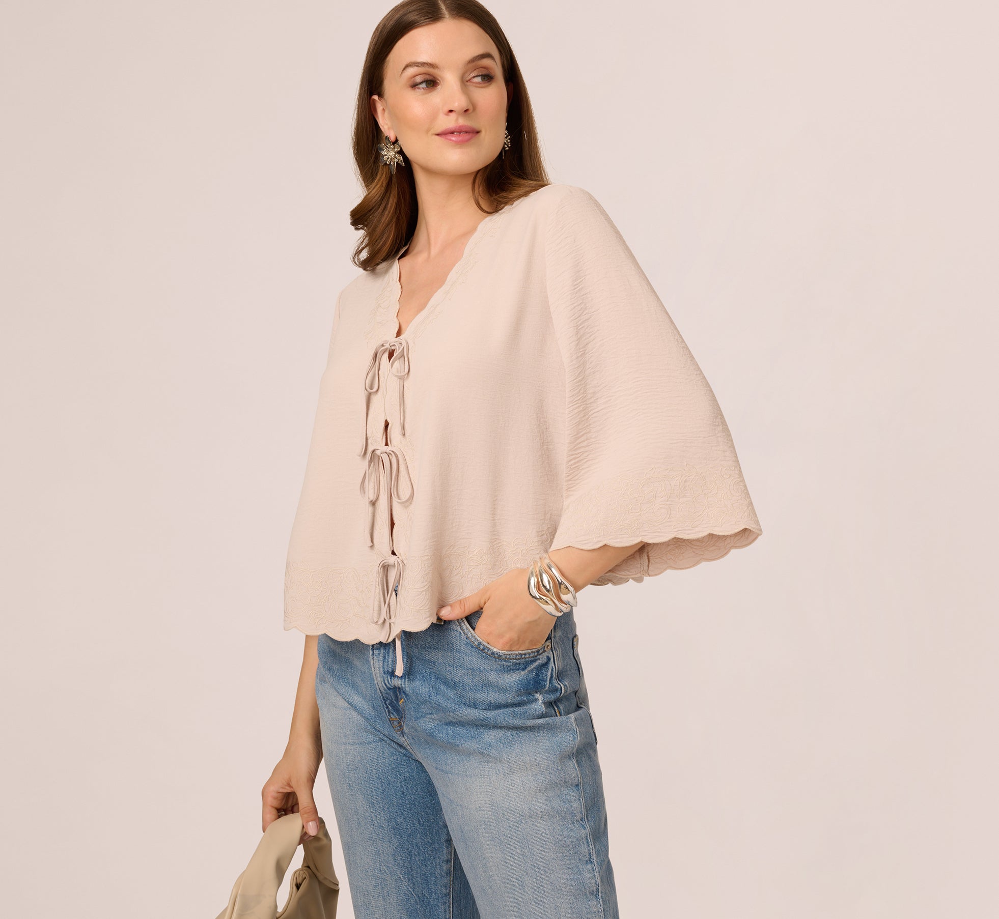 V Neck Bell Sleeve Tie Front Blouse - Women's Elegant Flowy Pebble Color Top for Casual Wear & Date Night Outfits