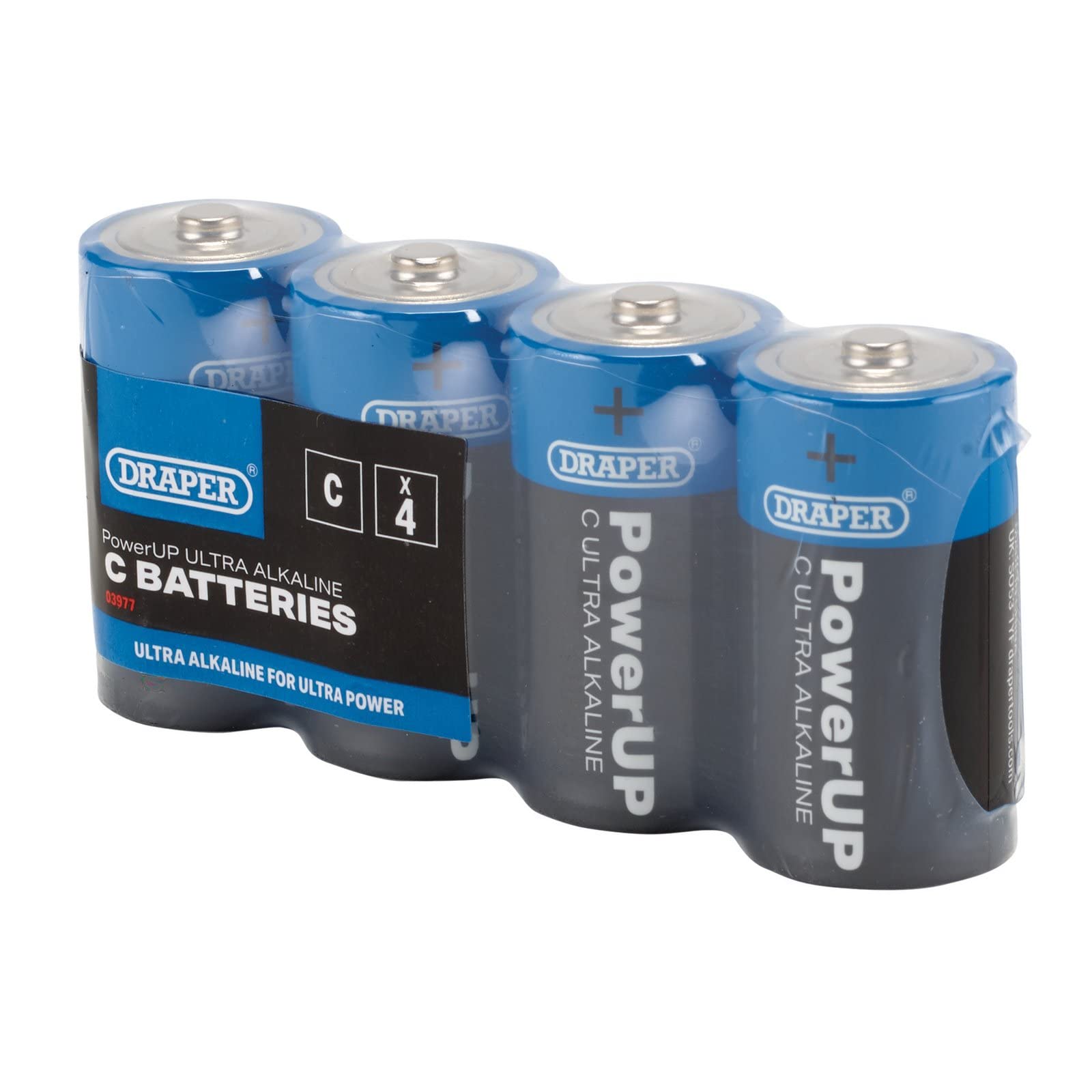 Draper 03977 PowerUP Ultra Alkaline C Batteries (4-Pack) - Long-Lasting Power for Flashlights, Toys, and Electronic Devices