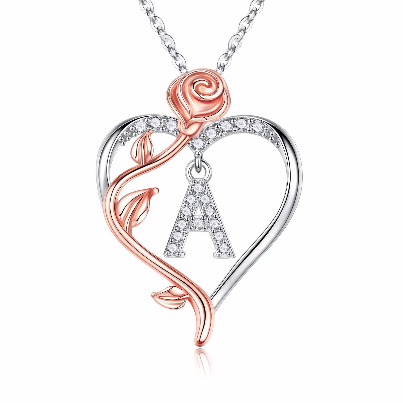 Rose Heart Necklace for Women - 925 Sterling Silver Initial Pendant, Personalized Anniversary Birthday Gift for Wife, Girlfriend, Mom | Perfect for Valentine's Day, Mother's Day & Romantic Occasions