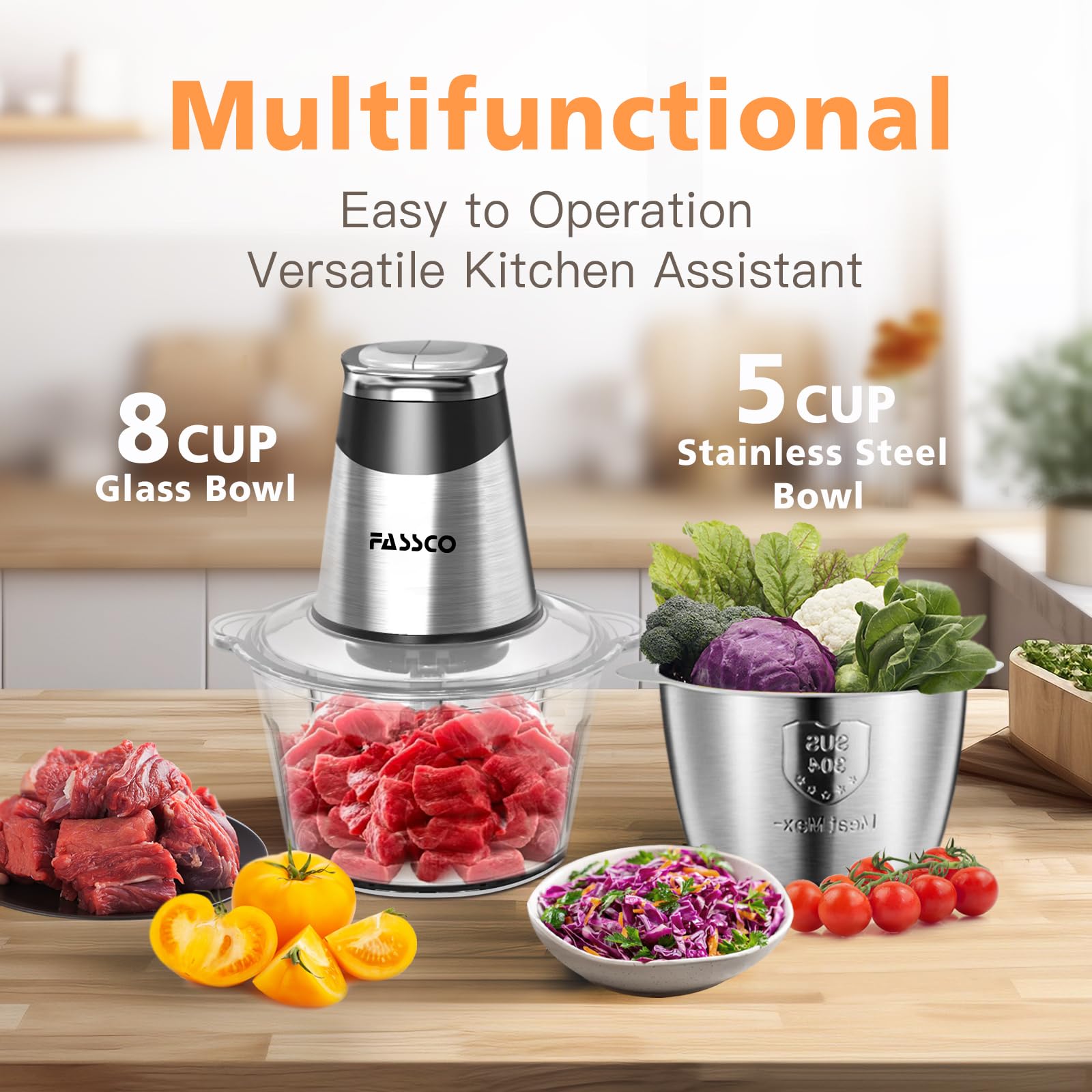 400W Electric Food Processor & Meat Grinder with 2 Bowls (8 Cup+5 Cup) - 3 Bi-Level Blades for Chopping Meat, Vegetables, Nuts & Making Baby Food, Salad, Ice Cubes - Perfect for Kitchen, Meal Prep & Healthy Cooking