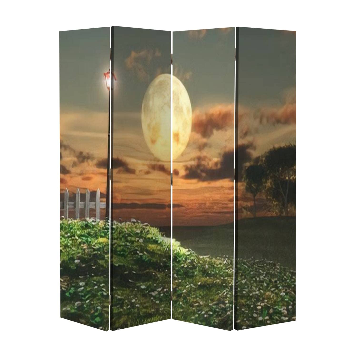 4 Panel Canvas Room Divider Screen - Vintage Lamppost & Moon Design Privacy Partition for Home, Office, Bathroom - Perfect for Creating Private Spaces in Studios, Dorms or Event Decor