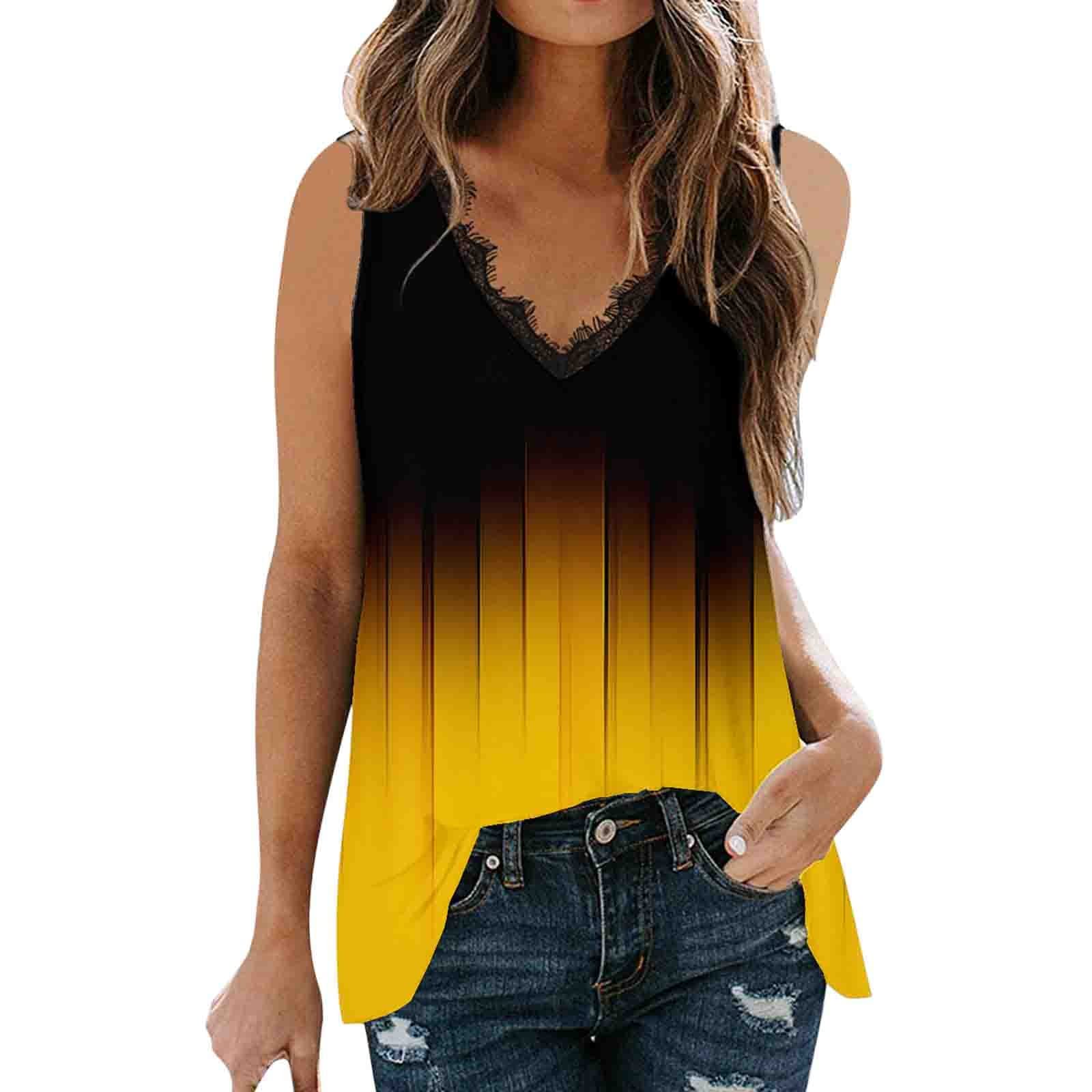 Women's Summer Sleeveless Gradient Color Printed V-Neck Lace Tank Top - Casual Vest Tops for Women | Perfect for Beach, Pool Party & Summer Outings