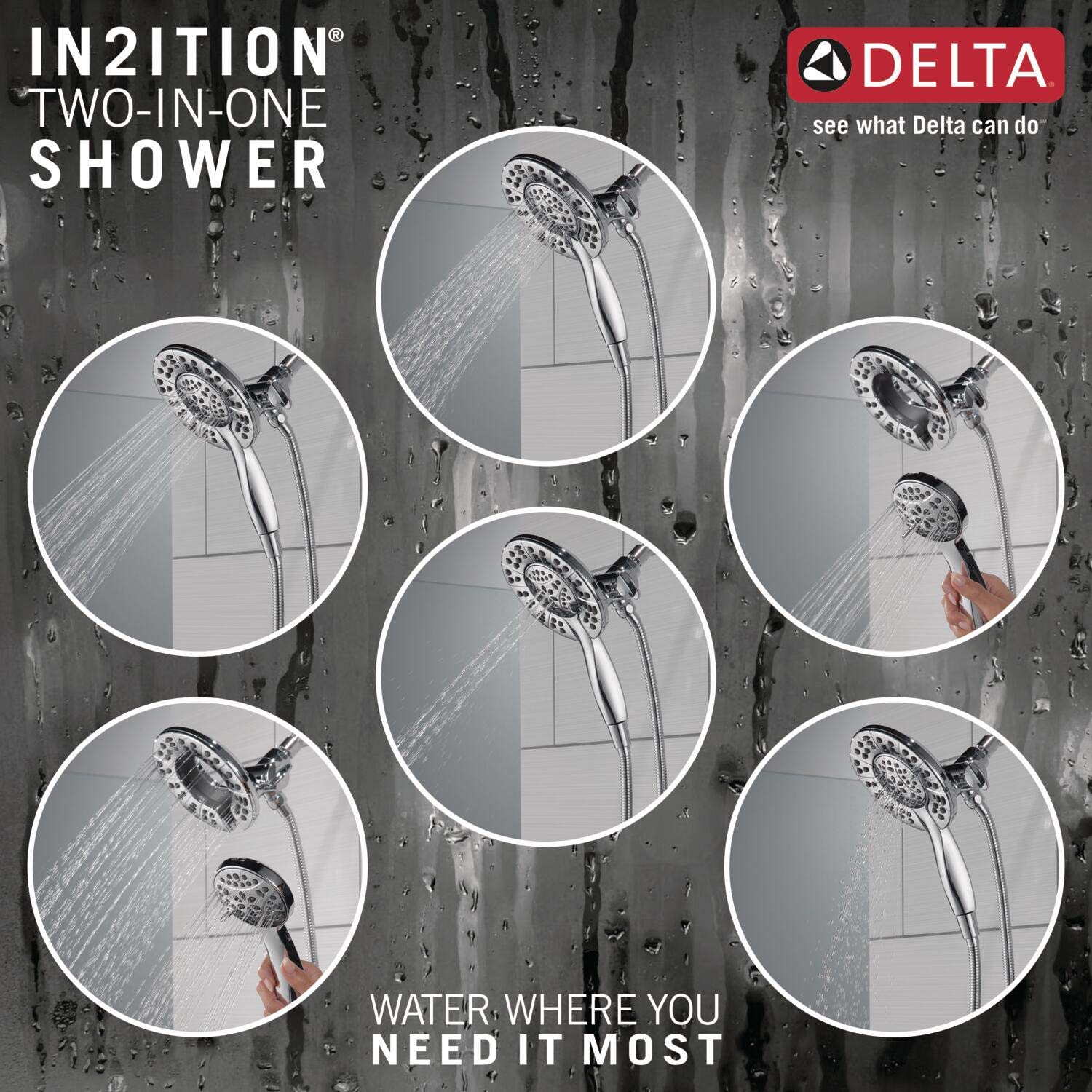 Delta Faucet Arvo 14 Series Single-Handle Tub and Shower Trim Kit - Chrome 144840-I with 4-Spray In2ition 2-in-1 Dual Handheld Shower Head & Hose (Valve Included) | Perfect for Bathroom Renovation, Modern Home Upgrade & Spa-Like Shower Experience