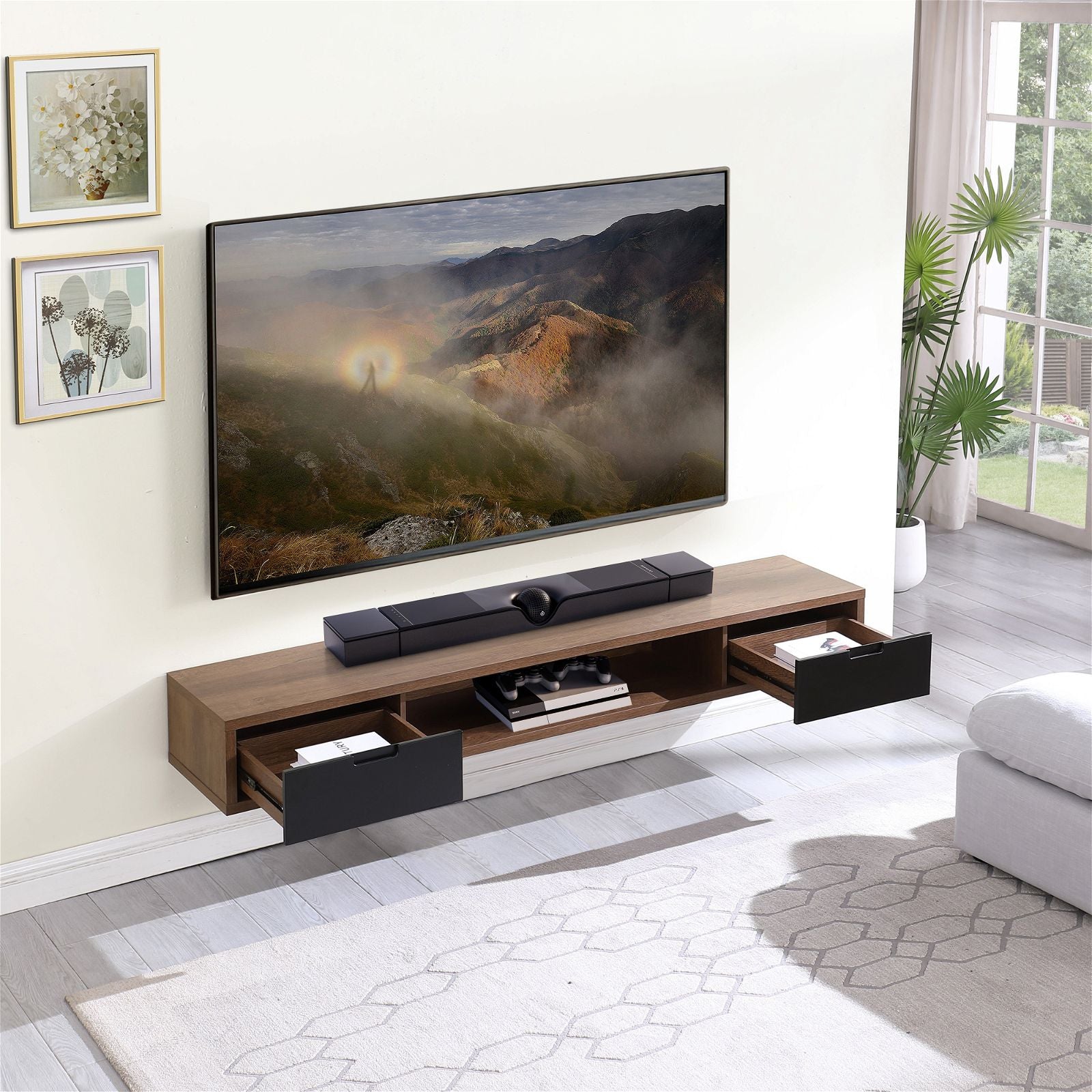 Criterion 2000mm Dark Oak Wall Mount TV Stand - Modern Air Entertainment Cabinet for Living Room, Bedroom & Home Theater