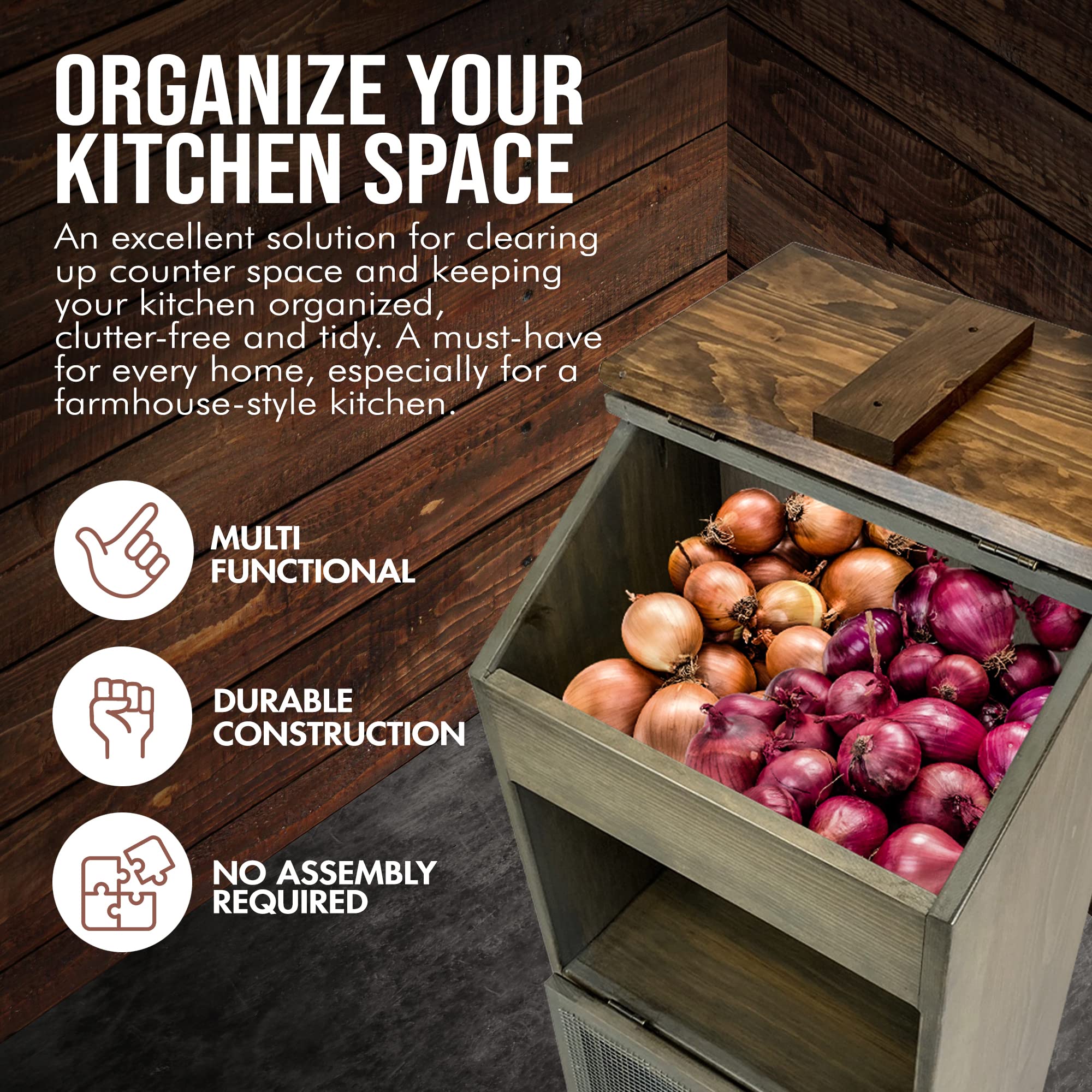 Wooden Potato & Onion Storage Bin with Lid - Rustic Kitchen Pantry Organizer for Bread, Vegetables & Groceries - Decorative Pewter Accents for Farmhouse & Country Style Kitchens