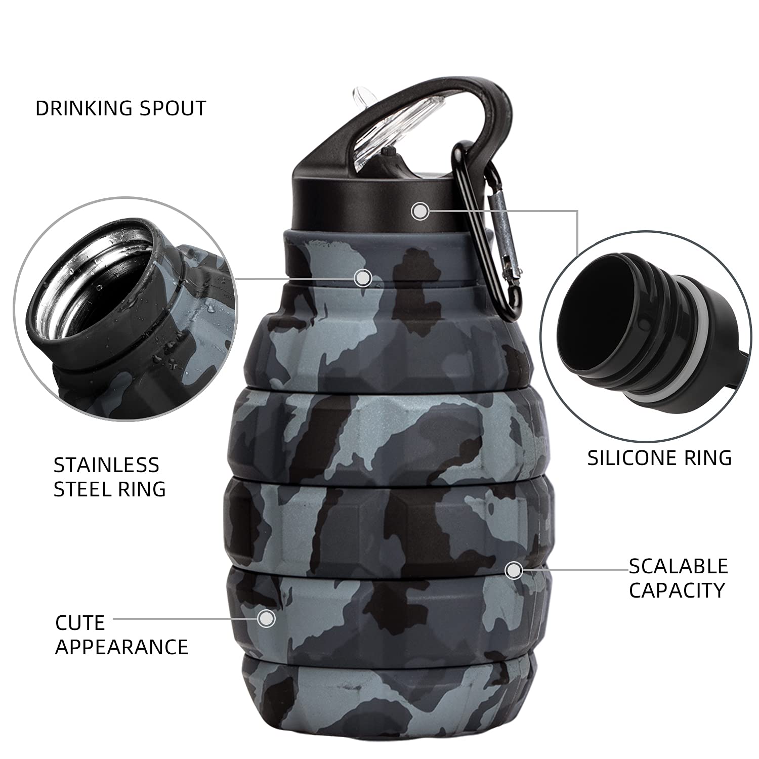 Collapsible Travel Water Bottle 19.6 oz - Reusable Silicone Foldable Water Container for School, Office, Gym, Camping & Hiking - Portable Leakproof Sports Water Bottle with Carabiner Clip (Dark Gray Camo) - Perfect for Outdoor Adventures, Workouts & Daily Hydration