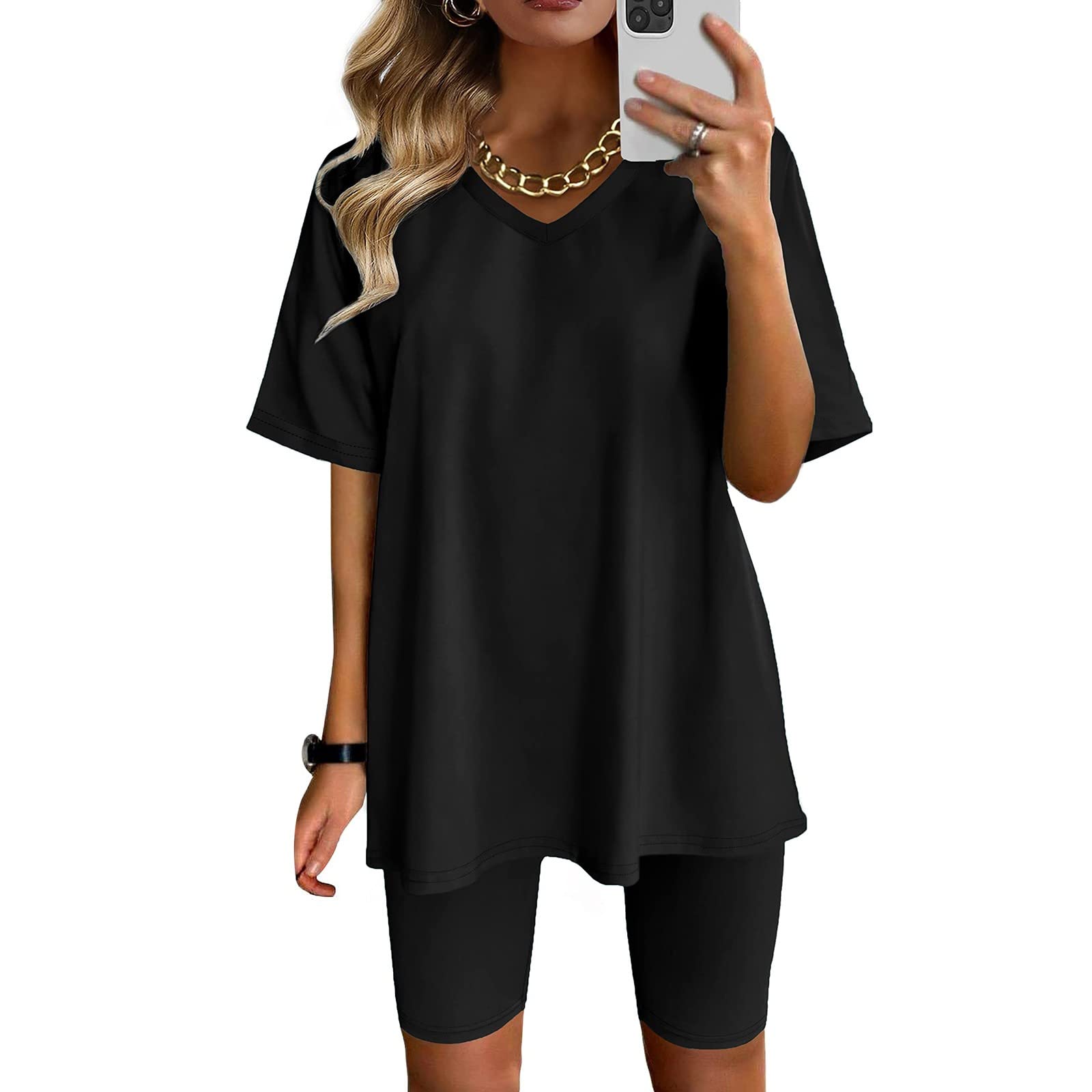 Women's Two Piece Summer Outfit - V Neck Oversized T-Shirt & Biker Shorts Set | Workout, Lounge & Casual Wear | Gym, Yoga, Running & Home Comfort