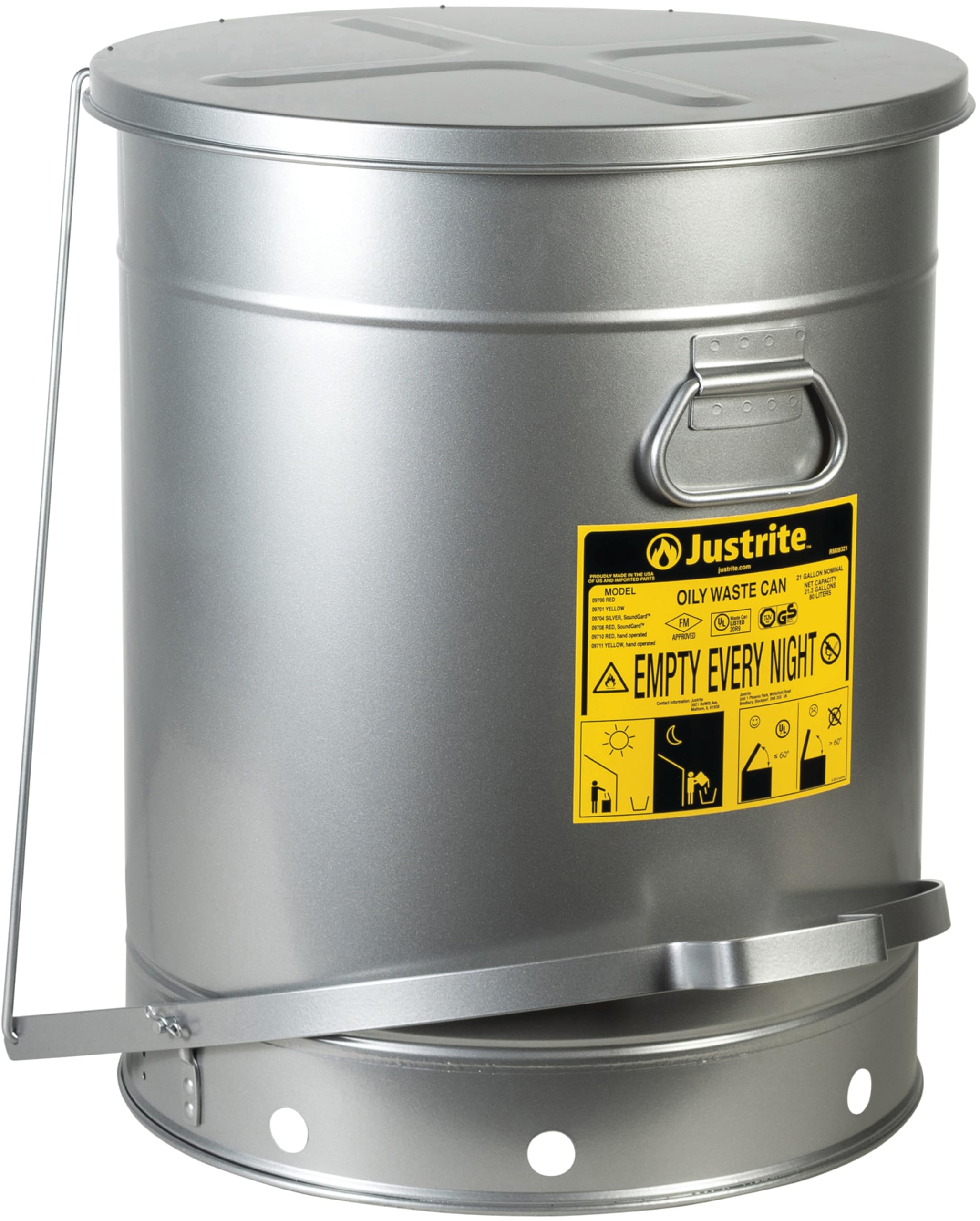 Justrite 21 Gallon Galvanized Steel Oily Waste Can with Foot Pedal Lid - 23.5