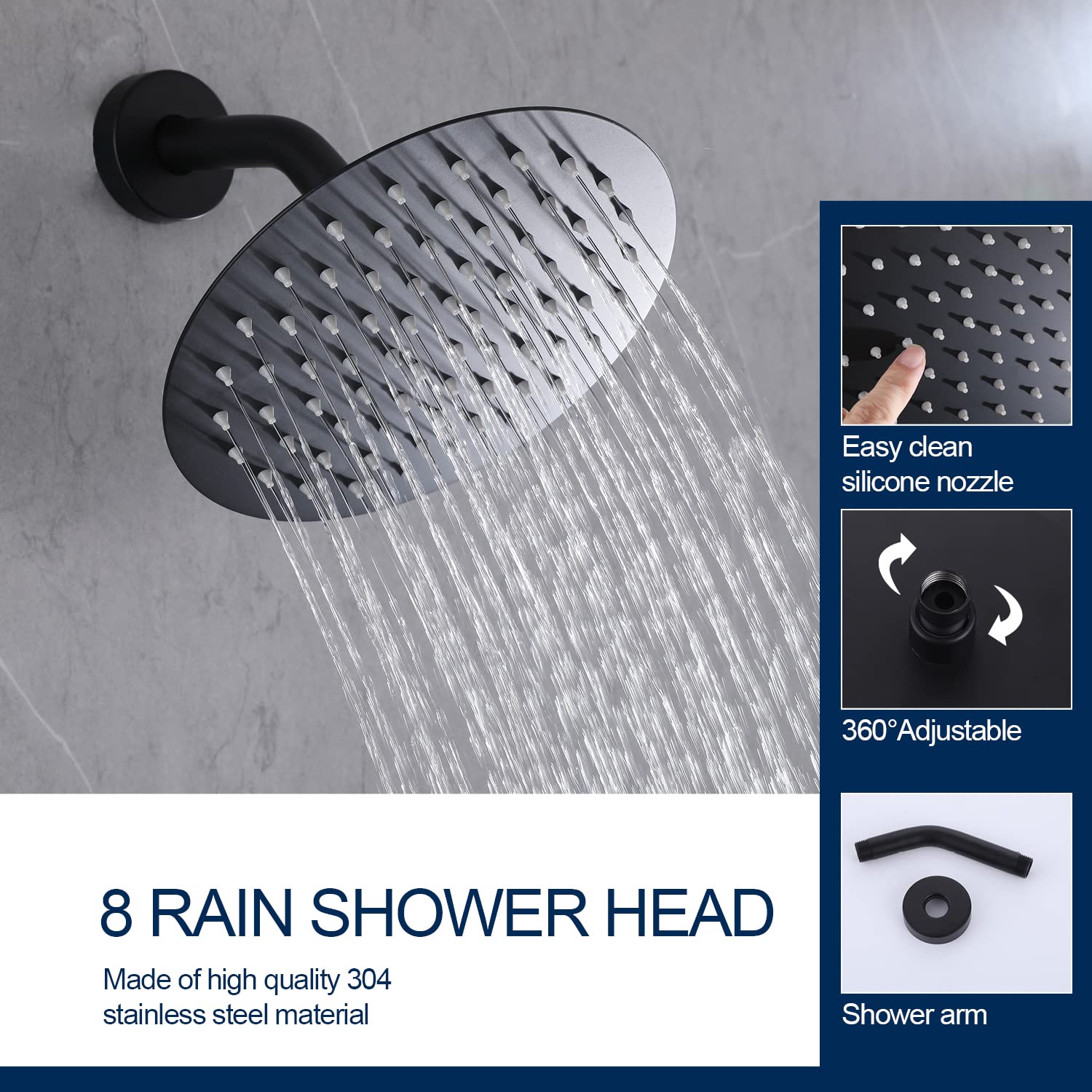 8 Inch Round Matte Black Wall Mount Shower Faucet Set with Single Handle Valve Kit - Perfect for Modern Bathroom Renovations & Spa-Like Shower Experience