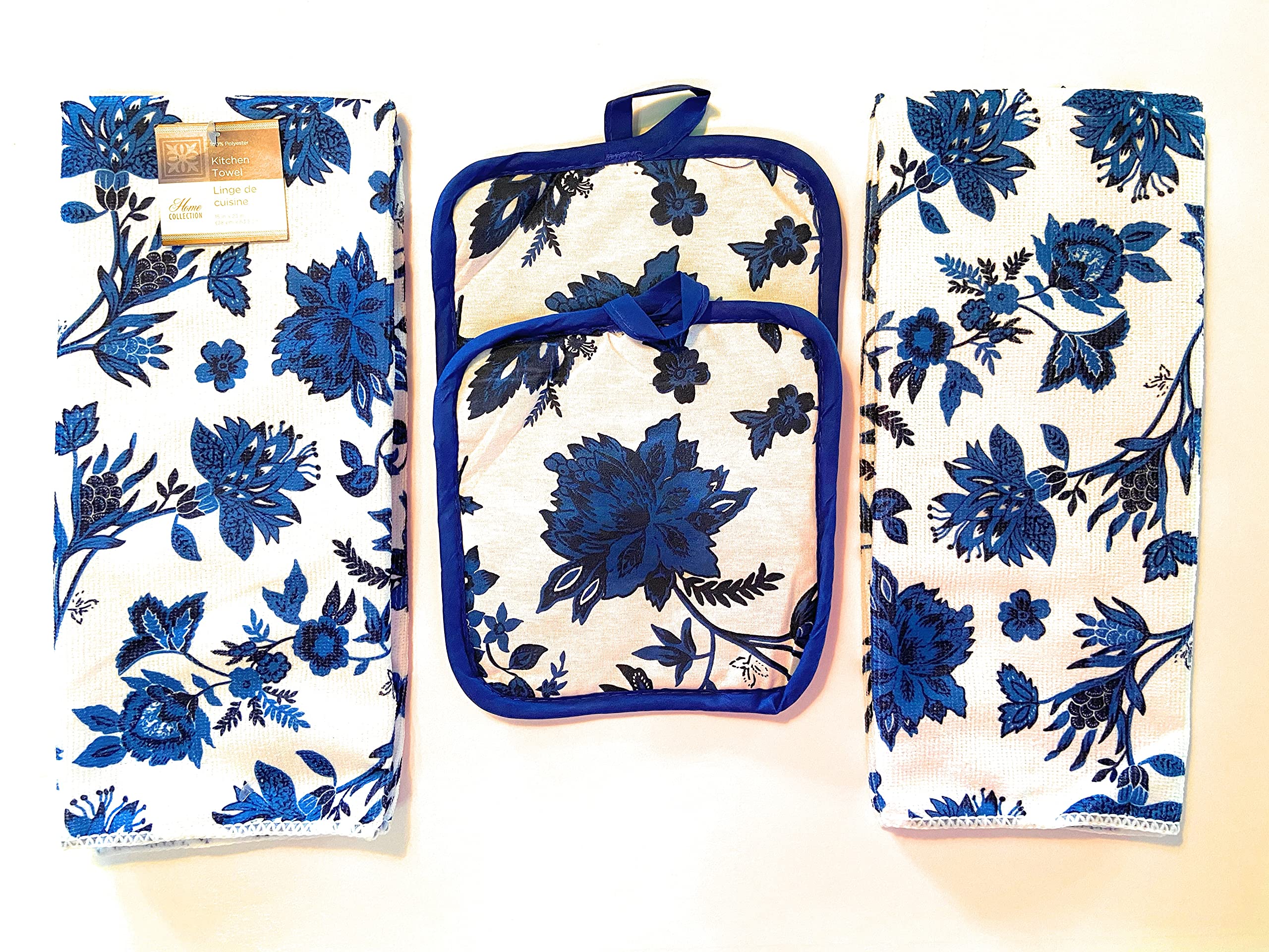 Premium 4-Piece Kitchen Towel Set with Blue Floral Design - Soft, Absorbent & Durable Cotton Dish Towels for Cooking, Baking & Kitchen Decor