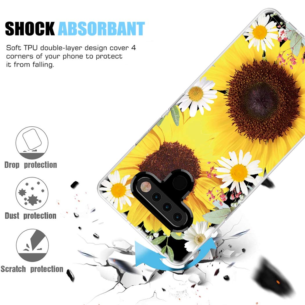 Shockproof Clear TPU Phone Case for LG K51, LG Reflect & LG Q51 - Soft Transparent Protective Cover for Women & Girls (Sunflower Design) - Perfect for Everyday Use, Work & Travel Protection