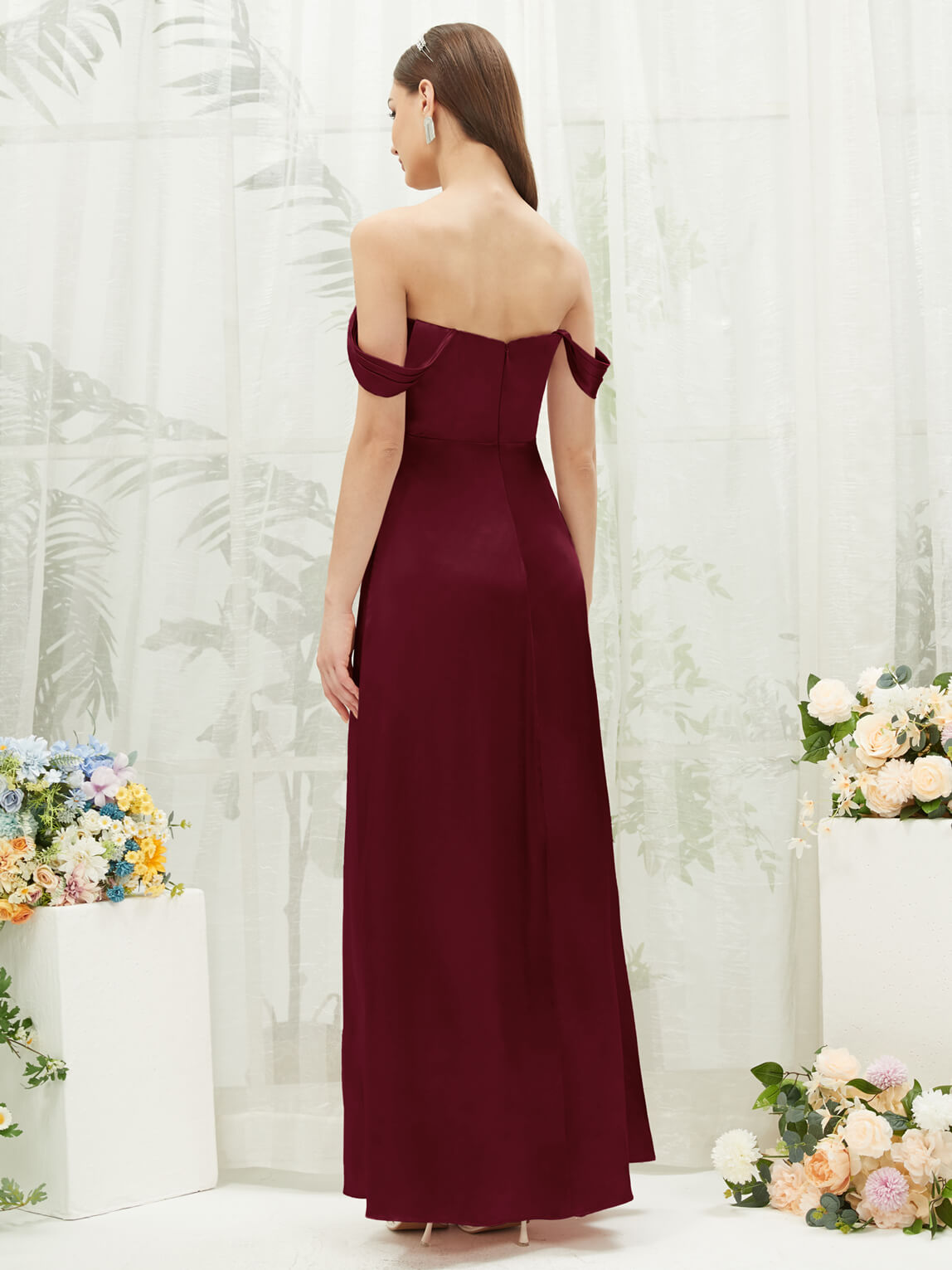 Elegant Burgundy Satin Convertible Slit Maxi Bridesmaid Dress - Perfect for Weddings, Prom & Formal Events