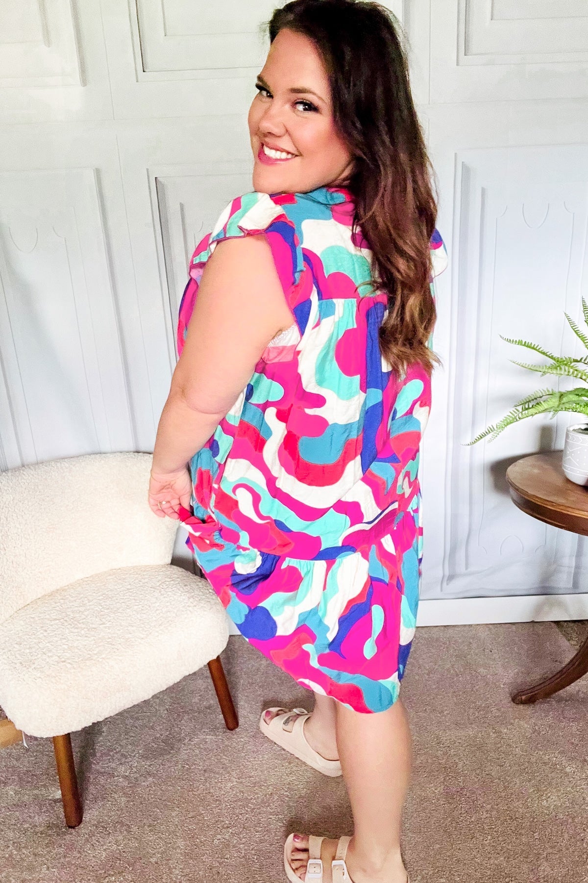Go For Fun Fuchsia Geo Print Tiered Ruffle Sleeve Woven Dress for Women | Summer Casual Party Wear | Perfect for Beach Vacations, Date Nights & Outdoor Events