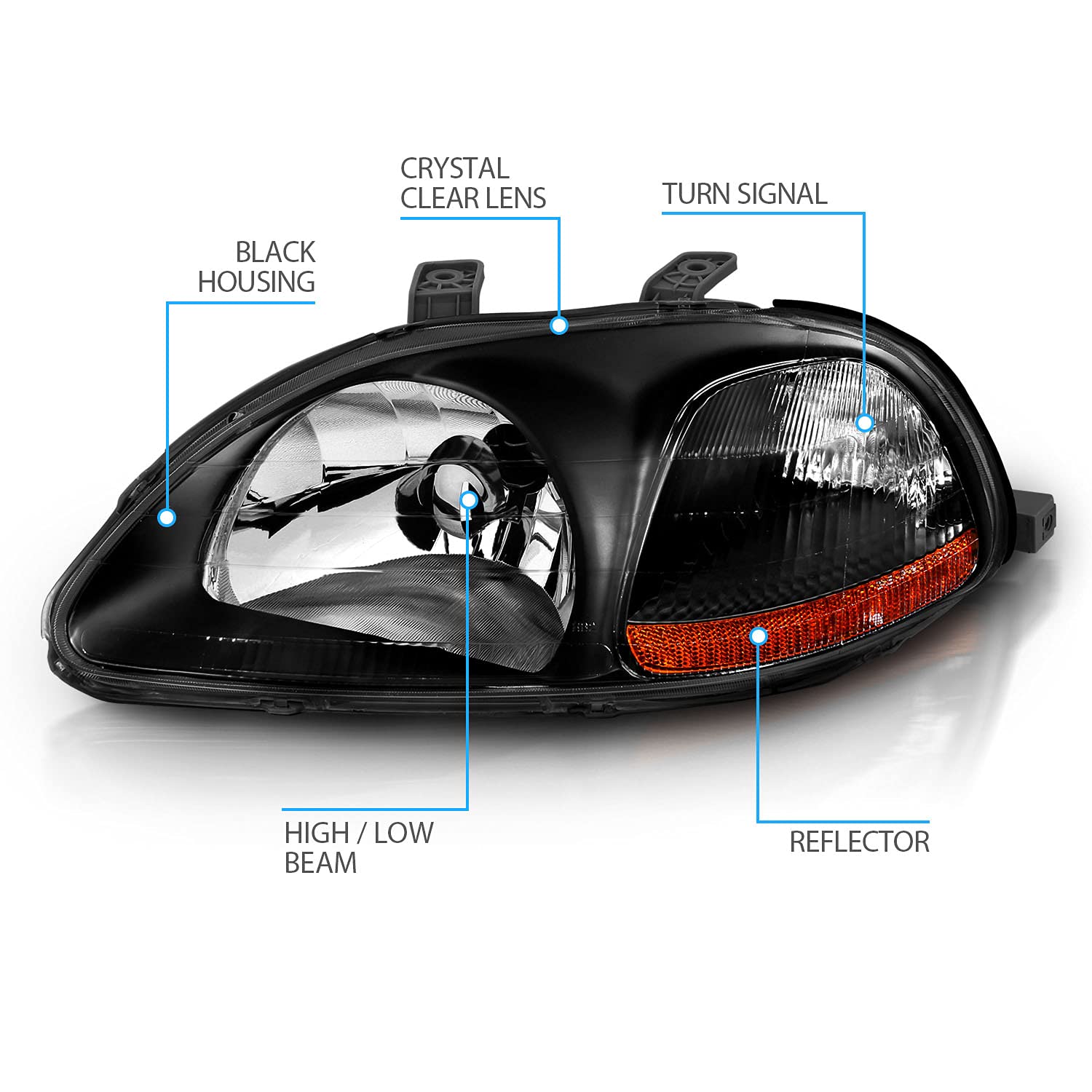 AmeriLite Black Replacement Headlights Set for 96-98 Honda Civic - Left & Right Side Headlamps - Improve Night Driving Safety & Style
