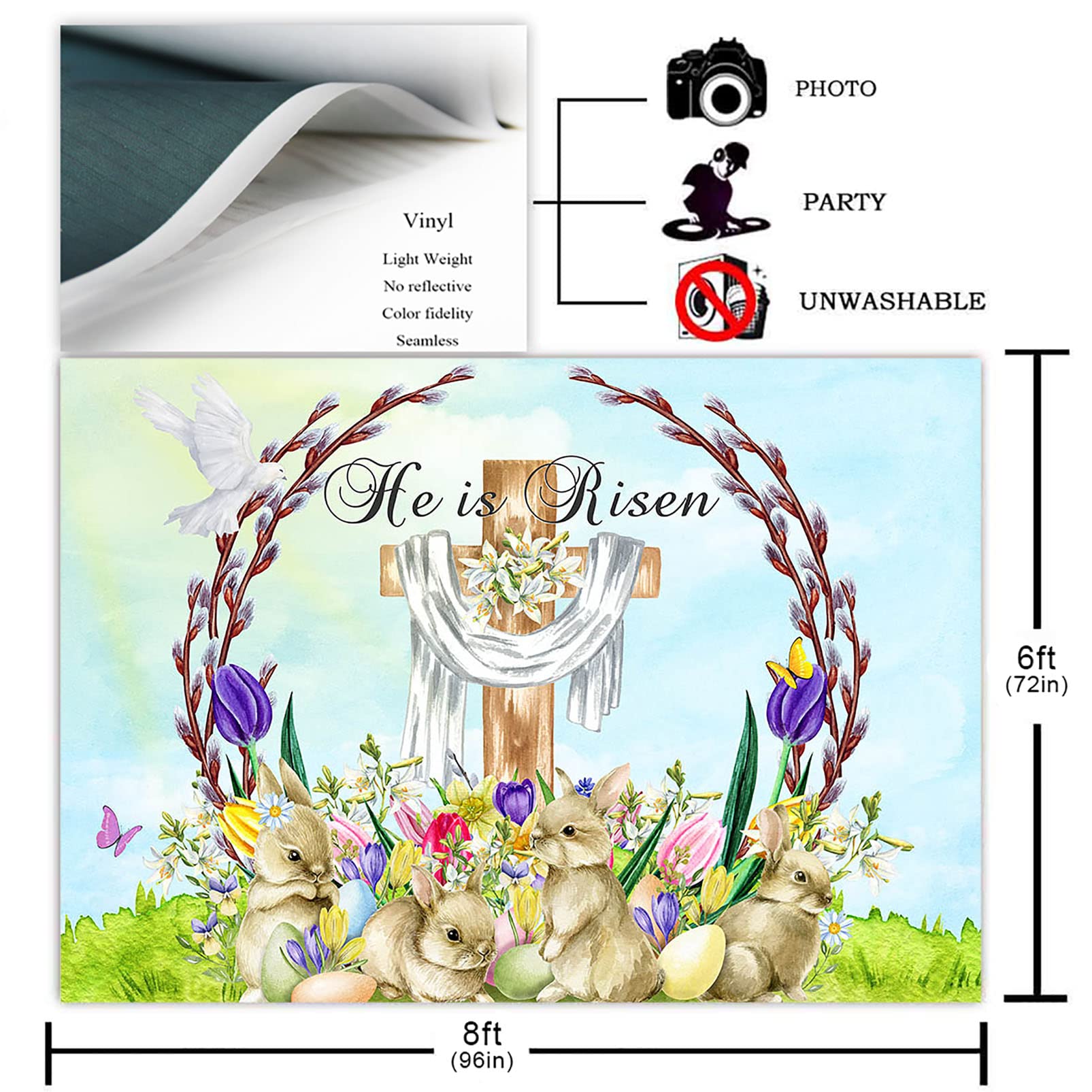 He is Risen Easter Backdrop - 8x6ft Religious Jesus Cross Photography Background for Easter Celebration, Church Events, Garden Party Decor & Spring Photo Shoots