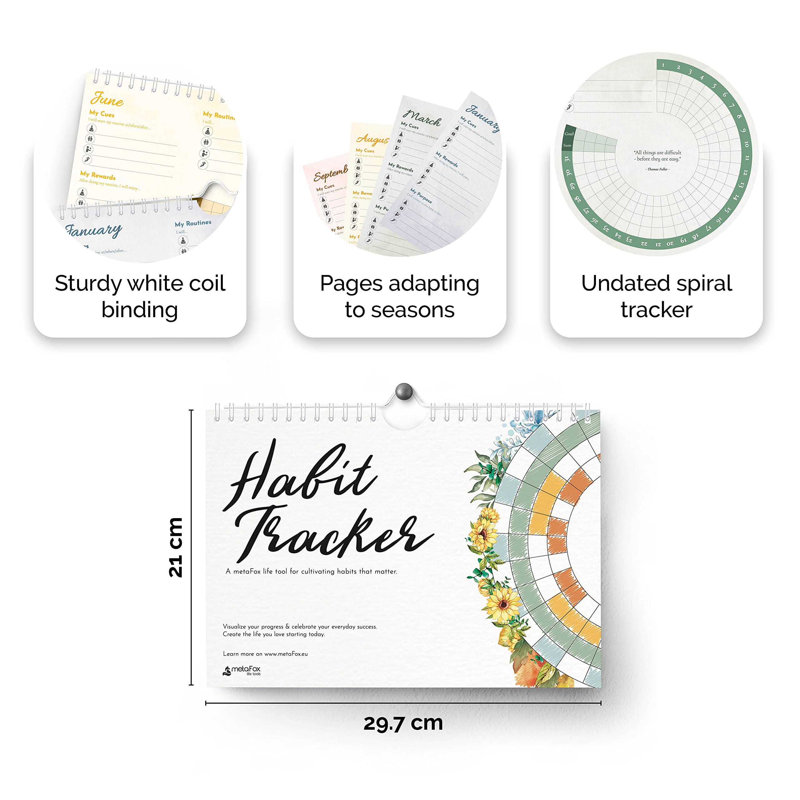 metaFox Habit Tracker Calendar & Undated Planner - Spiral Monthly Goal Setting Journal for Productivity, Self-Improvement & Time Management | Perfect for Students, Professionals & Personal Development (12-Month)