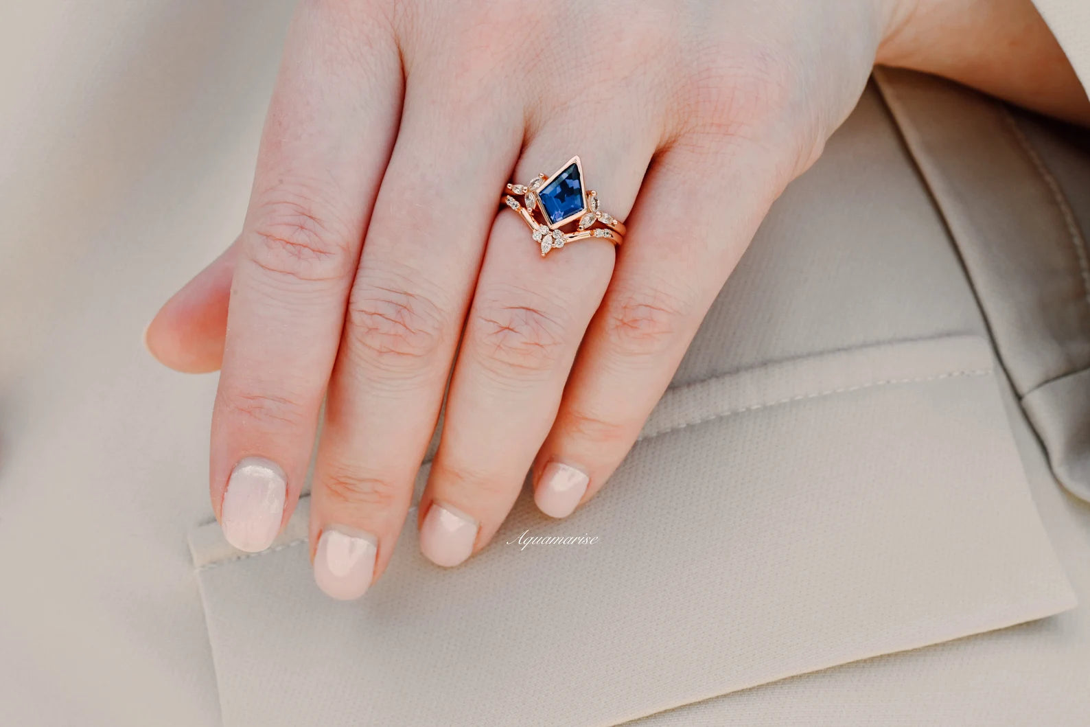 14K Rose Gold Vermeil Blue Sapphire Ring Set for Women - Elegant Jewelry Gift for Anniversary, Engagement & Special Occasions