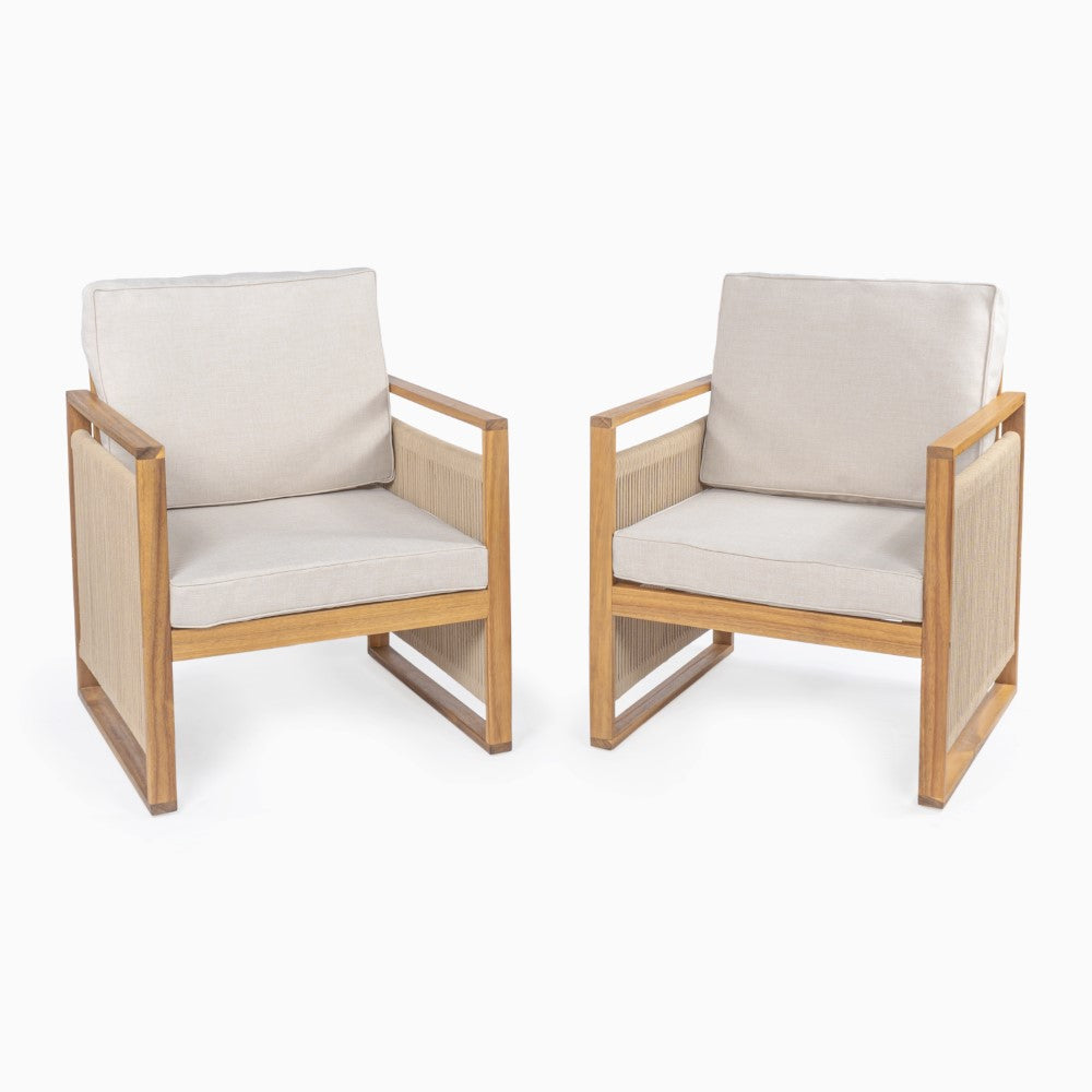 Mid Century Modern Acacia Wood Outdoor Patio Chair with Cushions - Roped Design for Porch, Garden & Backyard Relaxation