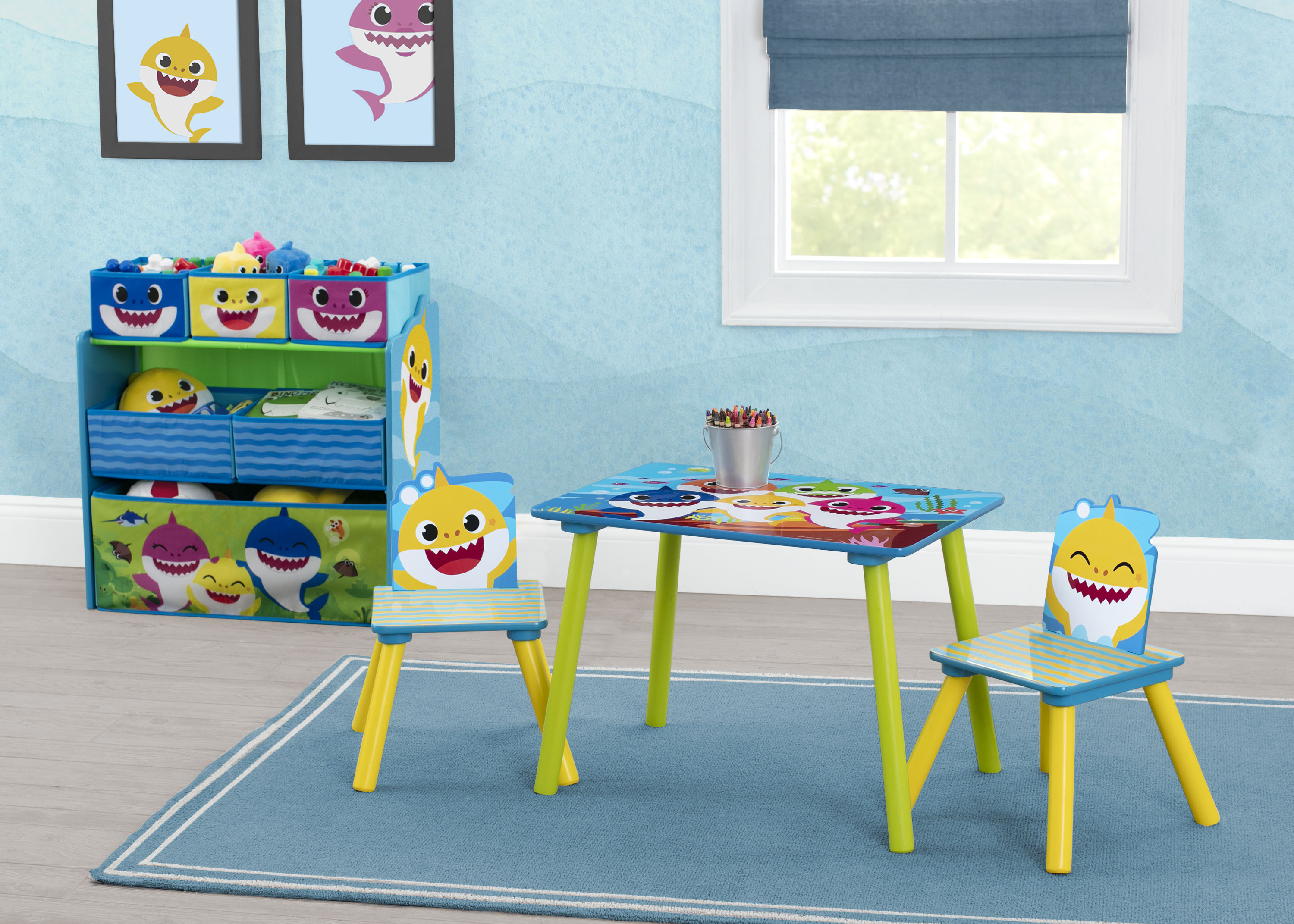 Baby Shark 4-Piece Kids Playroom Set - Table, 2 Chairs & 6-Bin Toy Storage Organizer for Toddlers | Perfect for Playrooms, Daycares & Preschool Learning Spaces