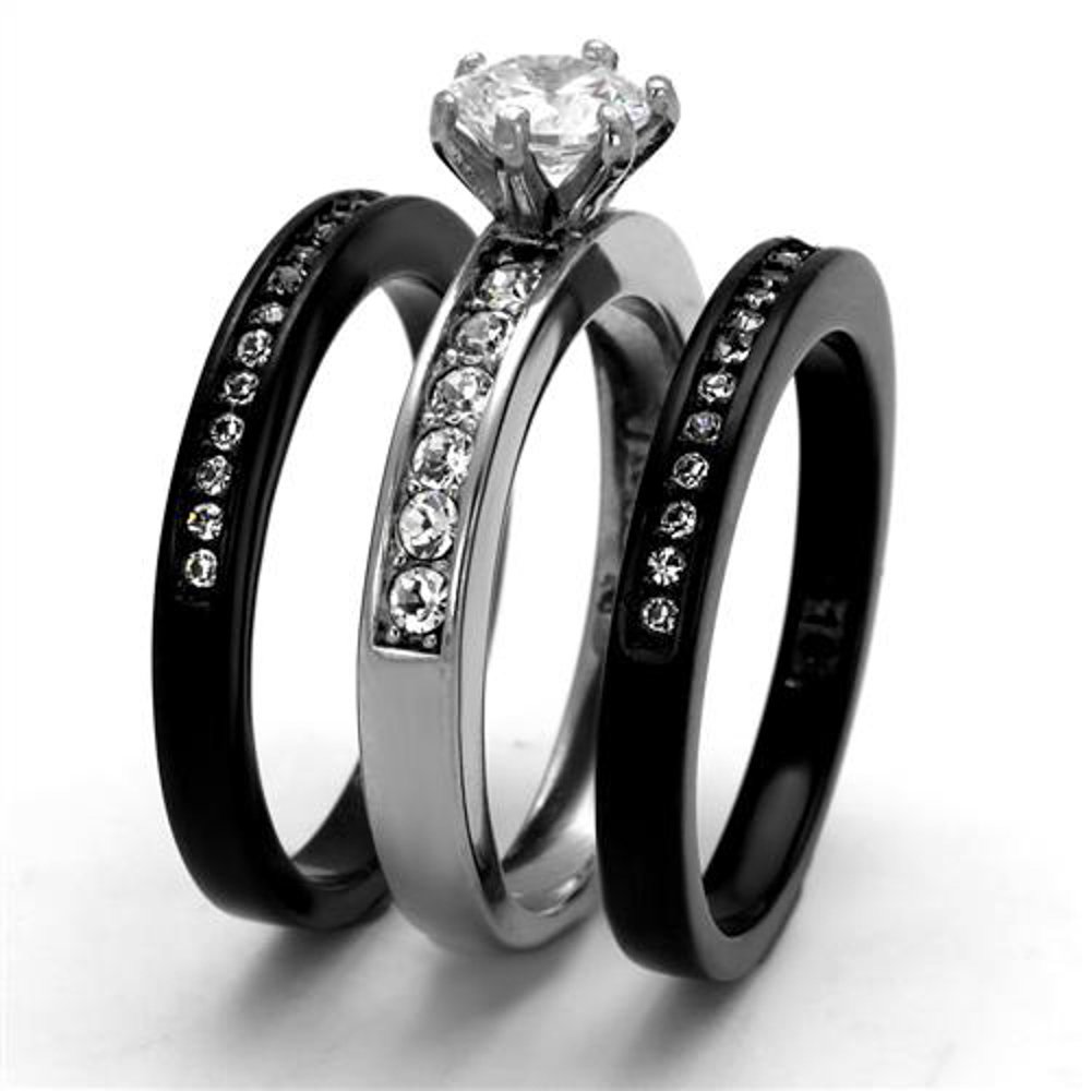1.31ct CZ Wedding Ring Set for Women - Black Stainless Steel Jewelry for Bridal & Party