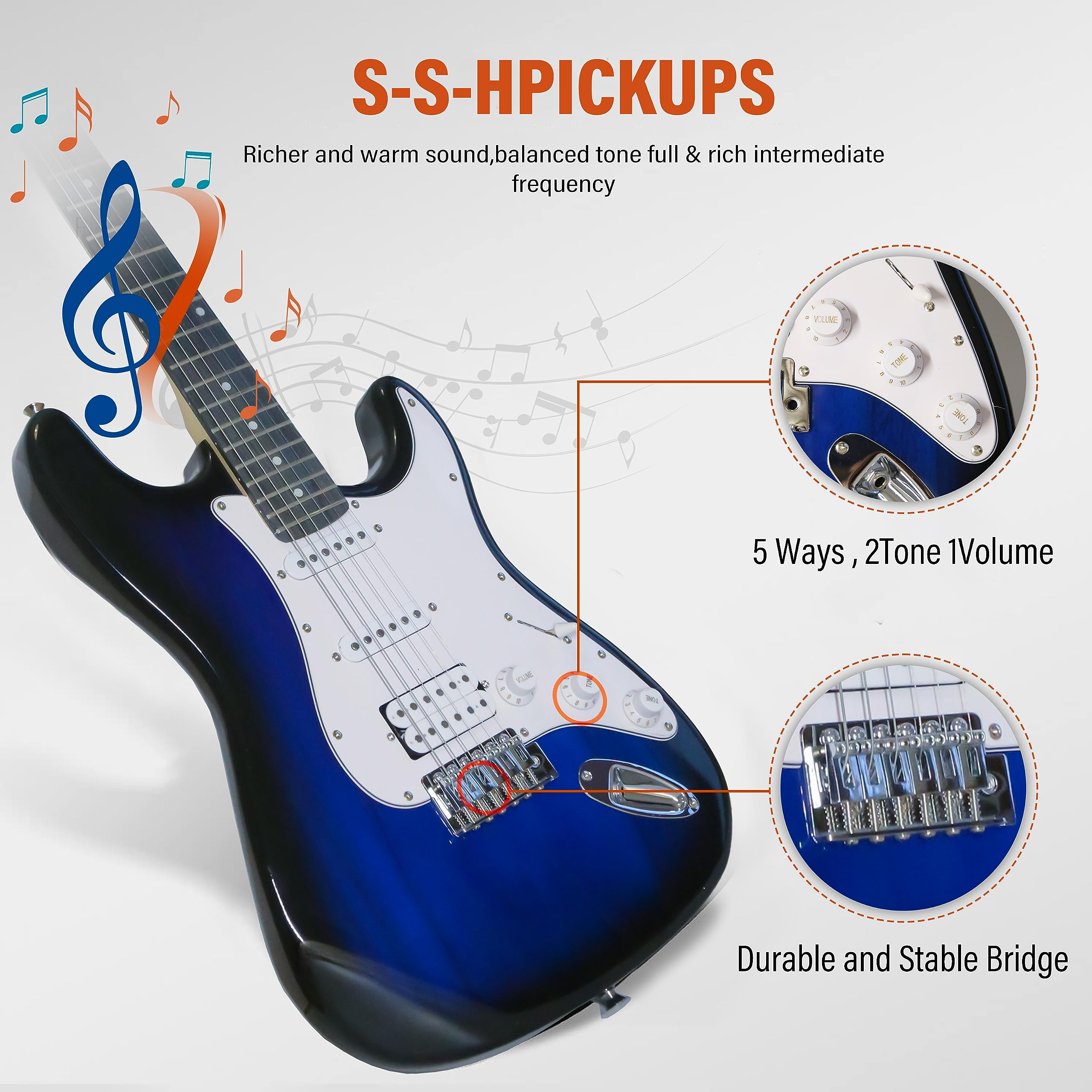 **Ermik Solid Body Electric Guitar Kit with 20W Amp, Strings, Strap, Digital Tuner, Picks, Gig Bag, Cable, Tremolo Bar – 39