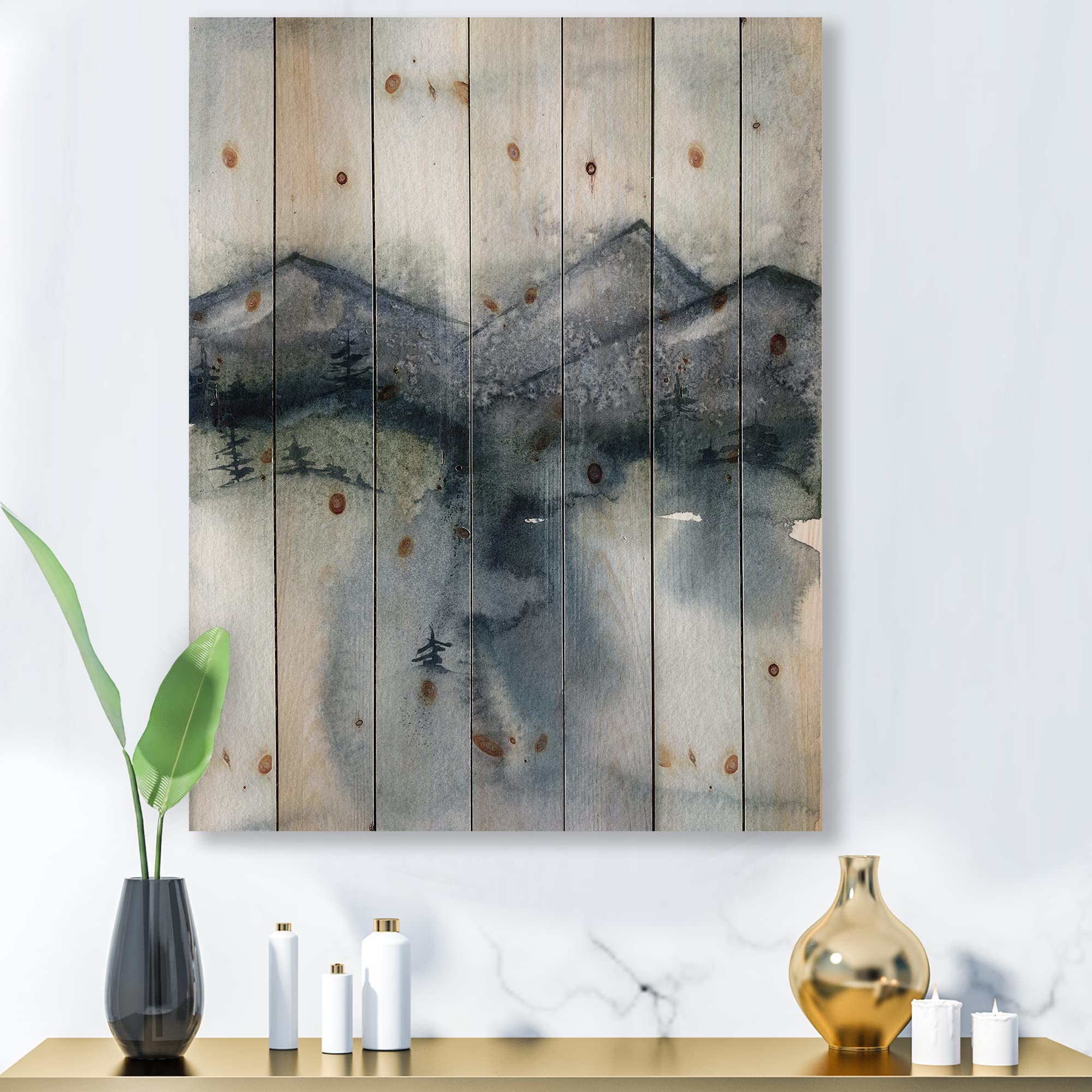 Minimalist Mountain Landscape Wood Wall Art - Modern Abstract Grey Wood Panel Decor Printed on Natural Pine - Perfect for Living Room, Bedroom & Office