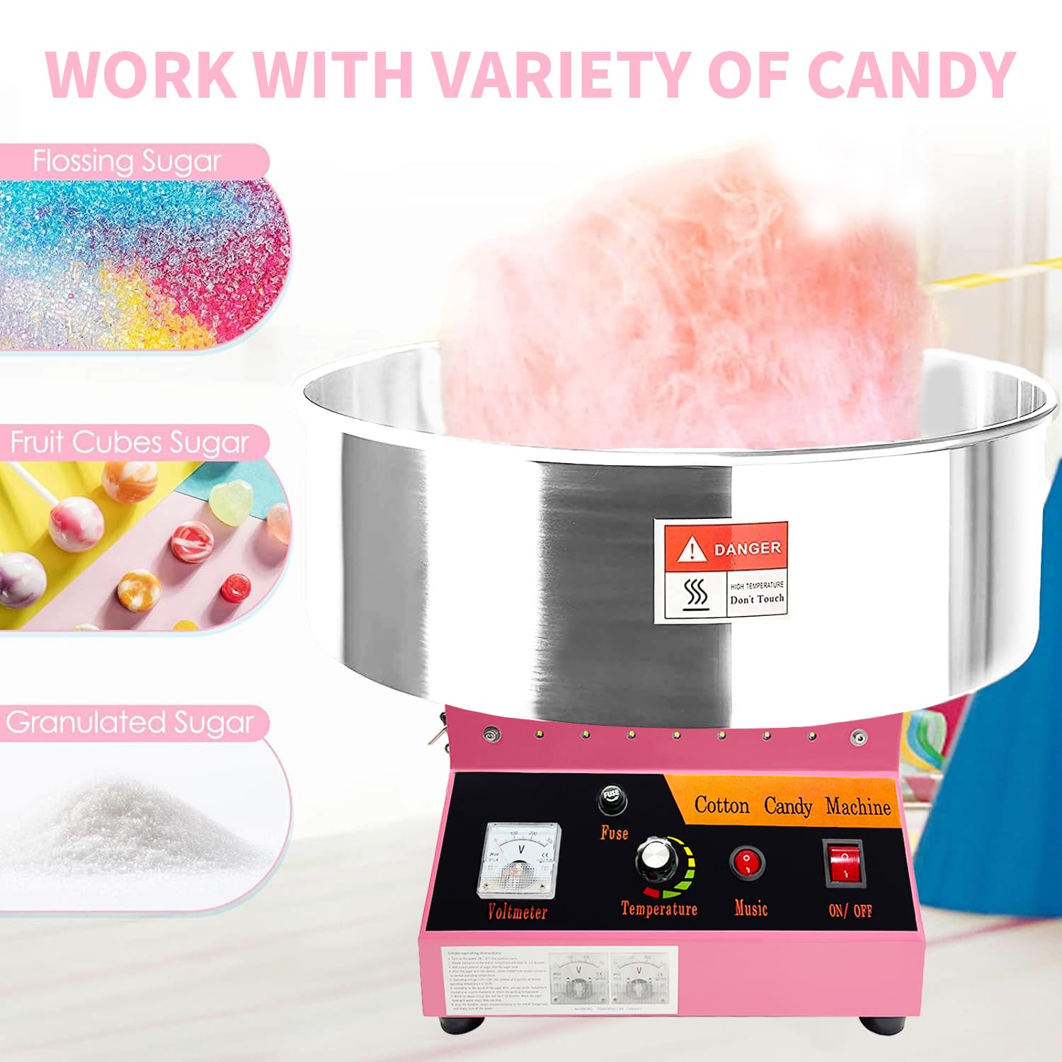 Commercial Cotton Candy Machine 1080W - Electric Candy Floss Maker with Sugar Scoop, LED Lights & Music - Perfect for Family Parties, Carnivals, Amusement Parks, Birthday Events & Home Entertainment
