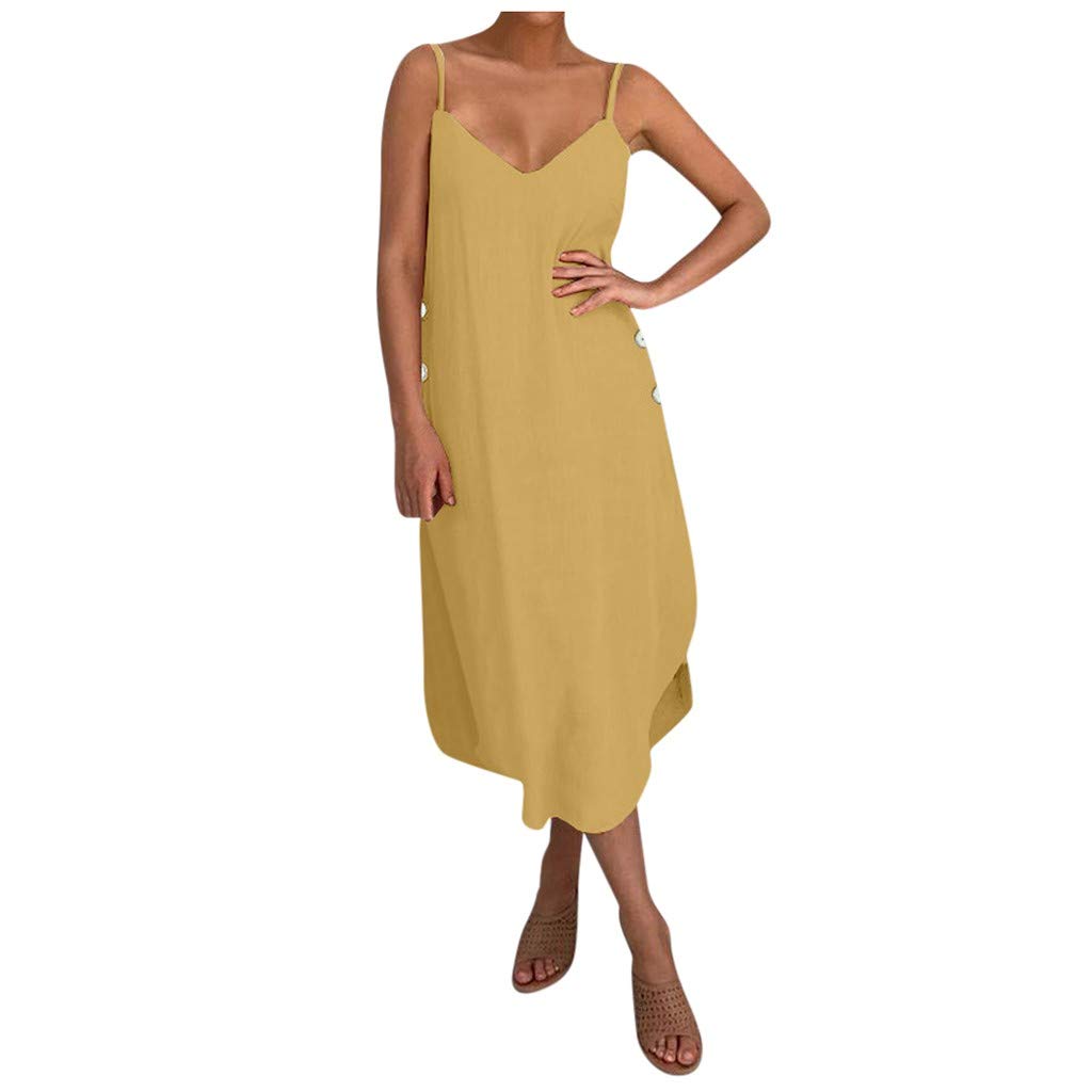 OIOLOY Women's Plus Size Sleeveless Evening Dress - Cool Solid Summer Cocktail Dress with Button-Down Design in Polyester - Perfect for Parties, Weddings & Formal Events