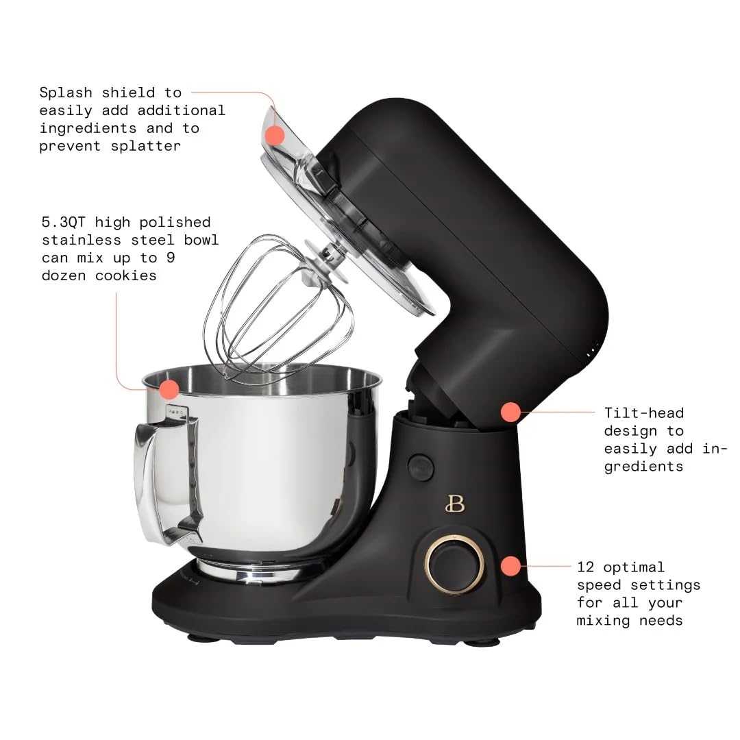 **Drew Barrymore 5.3 Qt Stand Mixer with Tilt-Head – Lightweight, Powerful 300W Motor, 12 Speed Settings – Includes Beater, Whisk, Dough Hook & Splash Guard – Perfect for Baking Cakes, Cookies & Bread (Black Sesame)**
