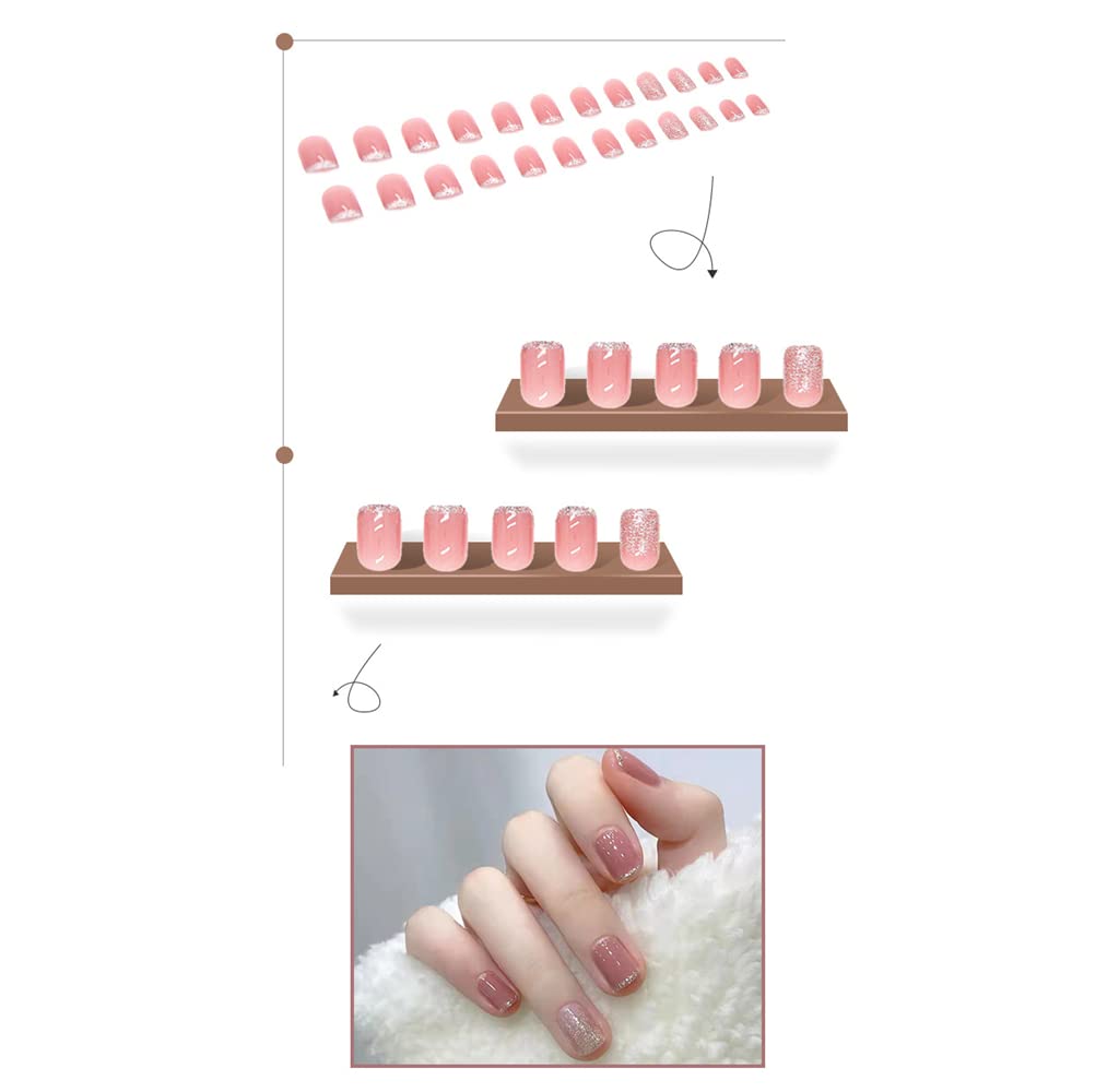 24 PCS Reusable Press On Nails for Women - French Tip Fake Nails with Jelly Glue - Pink Nail Extension Kit for Home, Party & Special Occasions