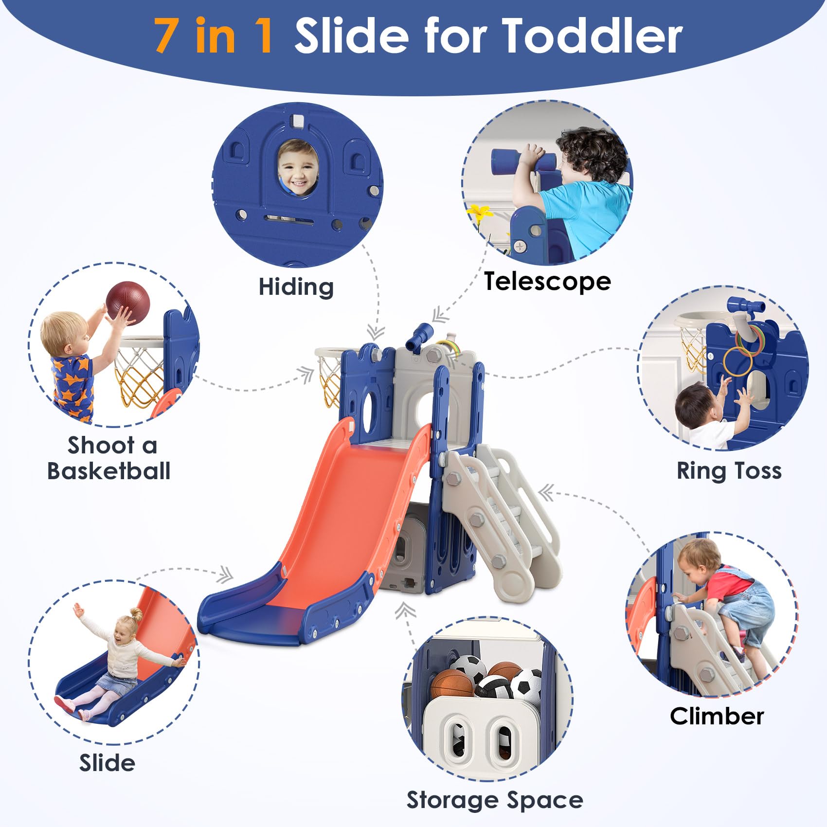 BIERUM 7-in-1 L-Shaped Toddler Slide Playset with Basketball Hoop, Ring Toss & Storage - Indoor/Outdoor Kids Slide for Ages 1+ (Blue & Orange) - Perfect for Backyards, Playrooms & Daycare Centers