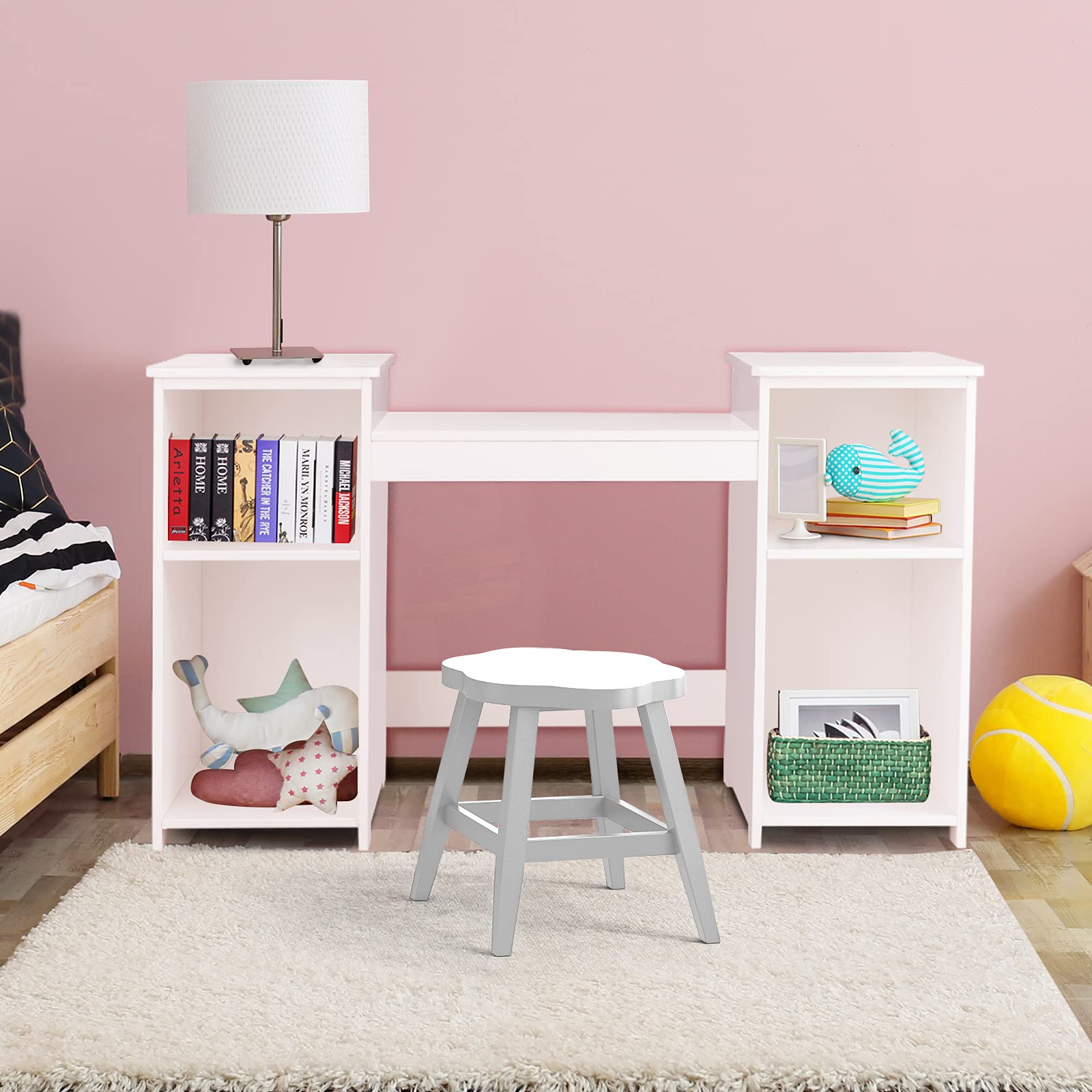 MAT EXPERT Kids Vanity Table Set with Tri-Folding Mirror - Wooden Princess Dresser with 4 Storage Shelves & Detachable Plastic Mirror - Pretend Play Makeup Dressing Table for Girls (White) - Perfect for Bedroom Decor & Imaginative Playtime
