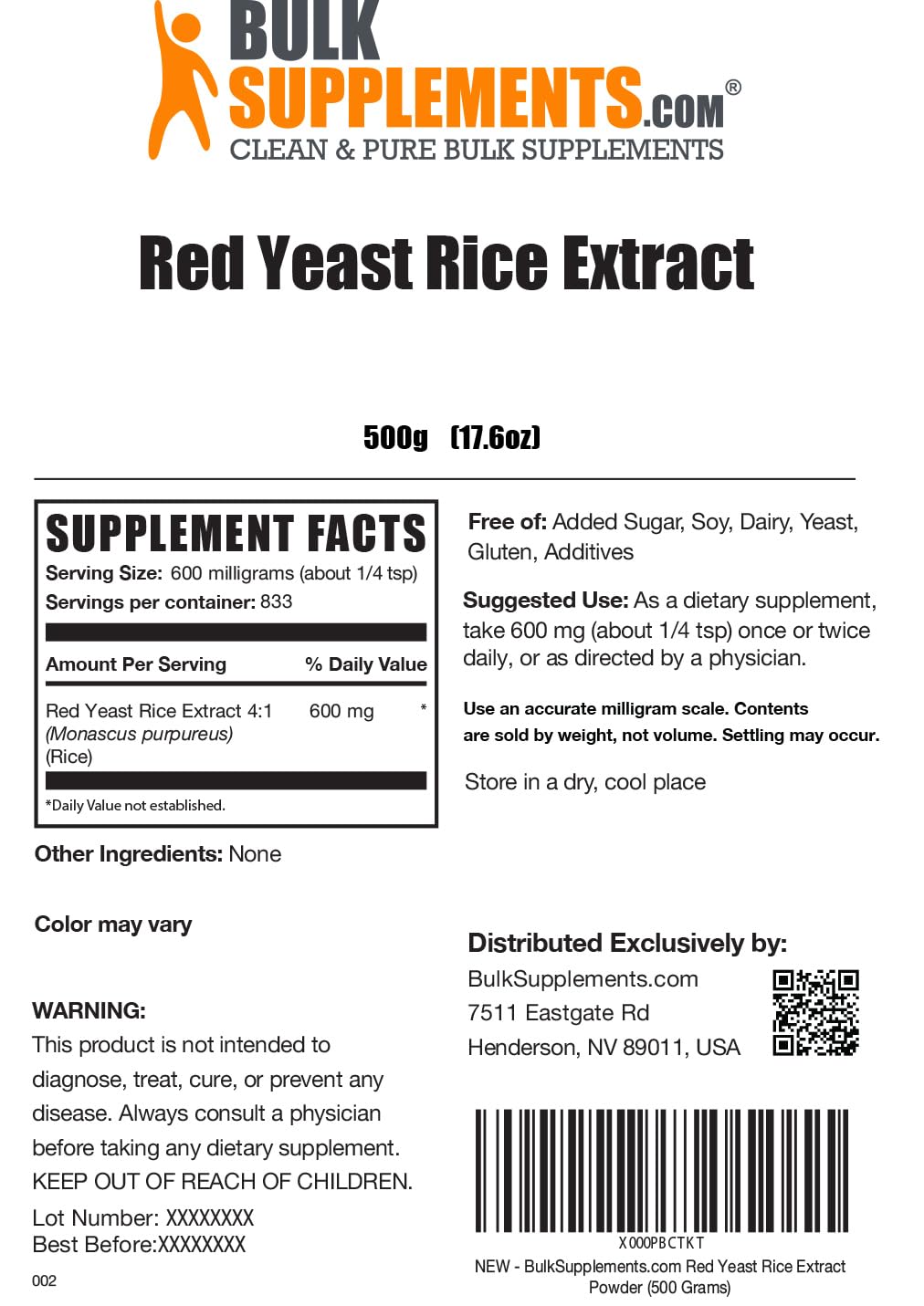 BulkSupplements Red Yeast Rice Extract Powder 600mg - Natural Herbal Supplement for Heart Health & Cholesterol Support - Gluten Free, 500g (1.1 lbs) - Perfect for Smoothies, Baking & Daily Wellness Routine