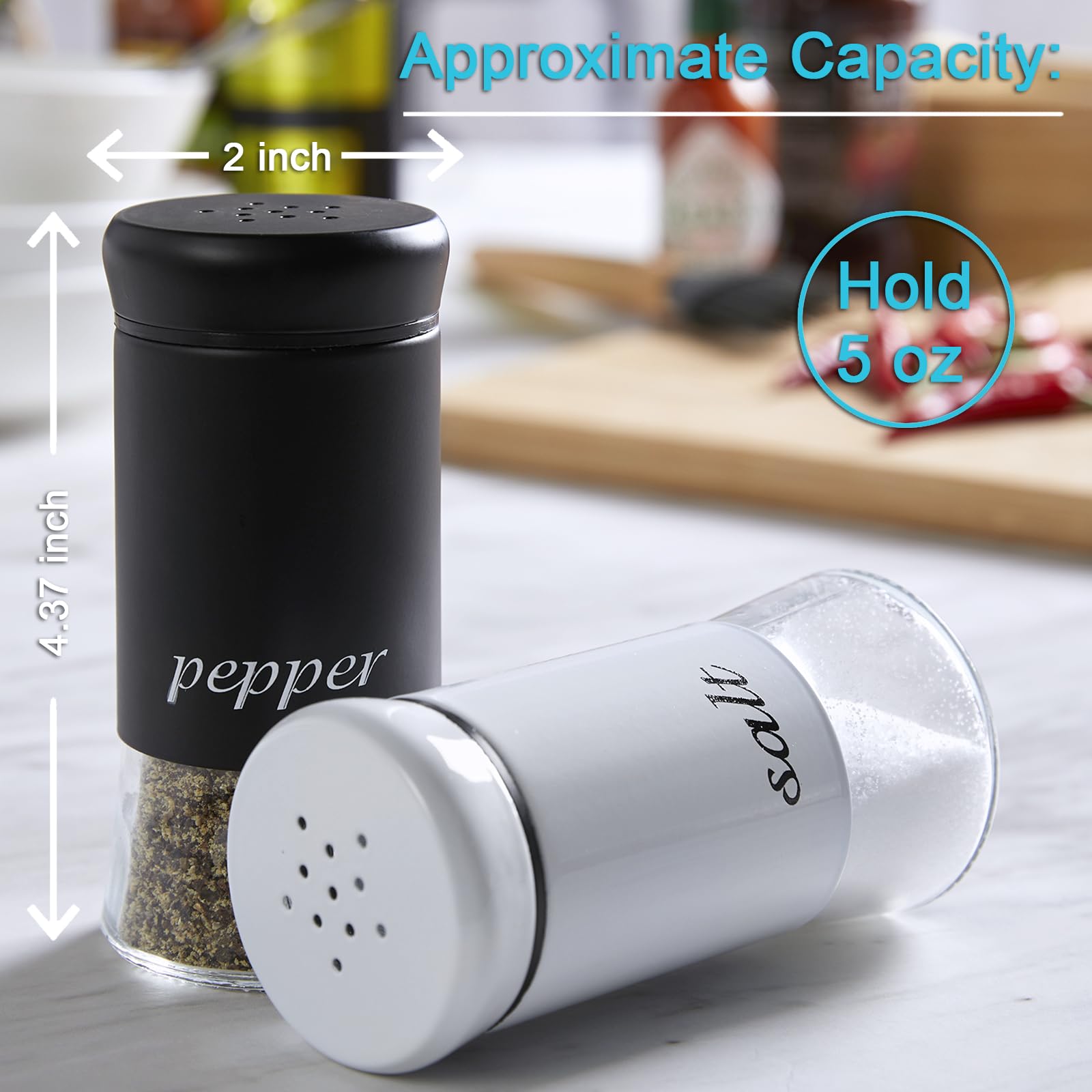Premium Salt and Pepper Shakers Set - 5 oz Glass Bottom Spice Dispenser for Kitchen, Dining Table, RV & BBQ - Elegant Black & White Kitchen Decor & Cooking Accessories (Ideal for Home, Restaurant & Outdoor Use)